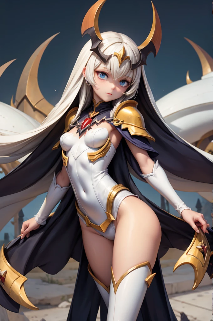 Caucasian long-haired woman, , cleveage, white one piece swimsuit, White sci-fi armor，iron boots, High heel, Western style spear，Light Wing，Sky