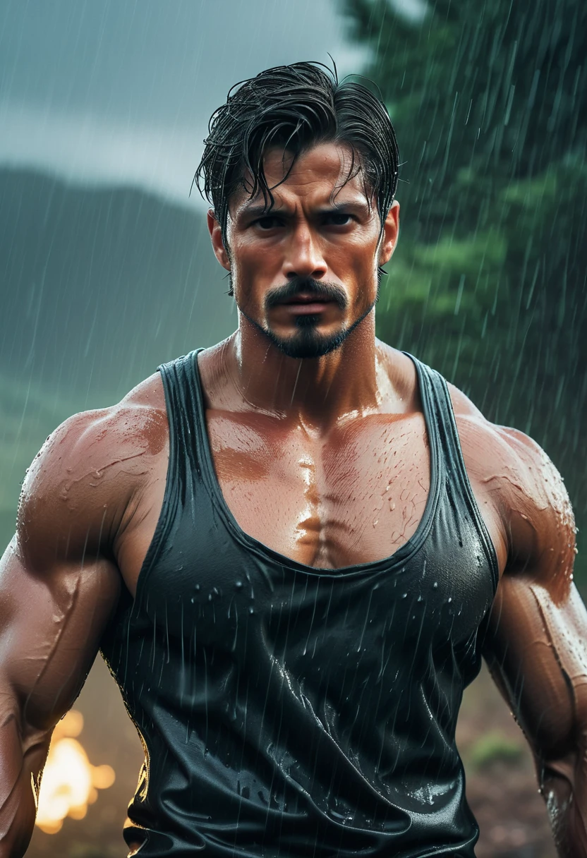 Lucas is a tall man black hair and yellow green eyes tented skin get out from chawer with a wetty strong body with tattoos wearing a toul