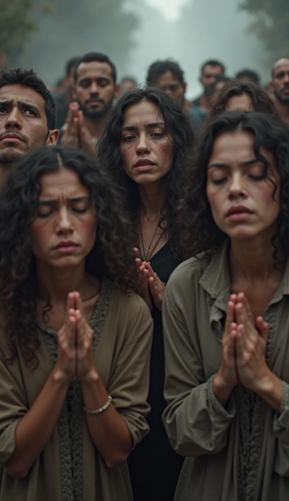Aerial view of a high brick wall dividing two groups of people praying. On the left side, evangelical women wearing long dresses standing, facing the high wall. on the right side, strong, bearded Iranian men in just their underwear and an Islamic headdress on their heads kneeling, also facing the wall. The scene is solemn, with nearby groups, showing unity in their respective spaces. The surrounding area is desolate, highlighting the importance of prayer and separation by the wall.