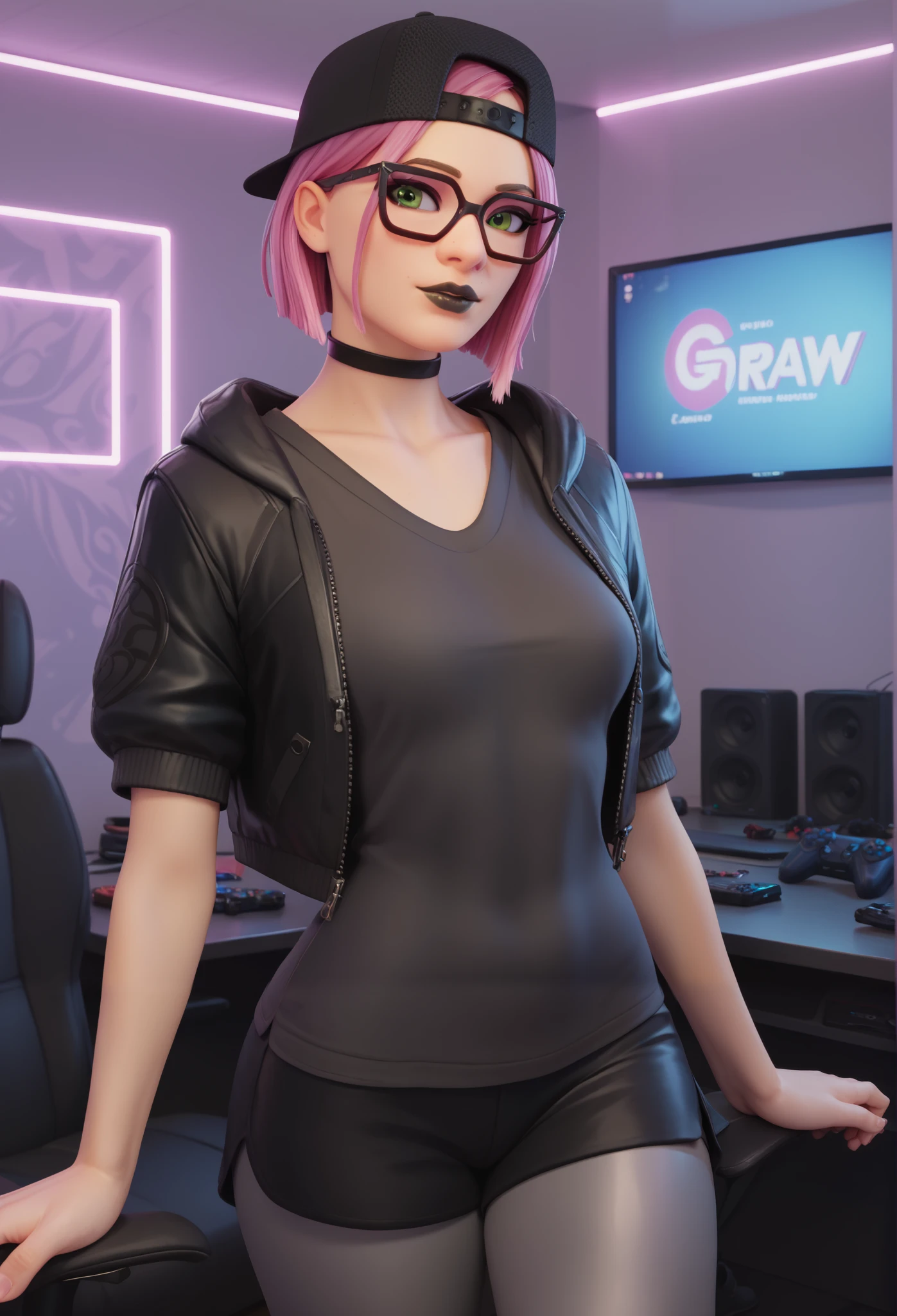 score_9, score_8_up, source_3d, BREAK 1girl, solo, sombra \(overwatch\), collared shirt, pencil skirt, office lady,