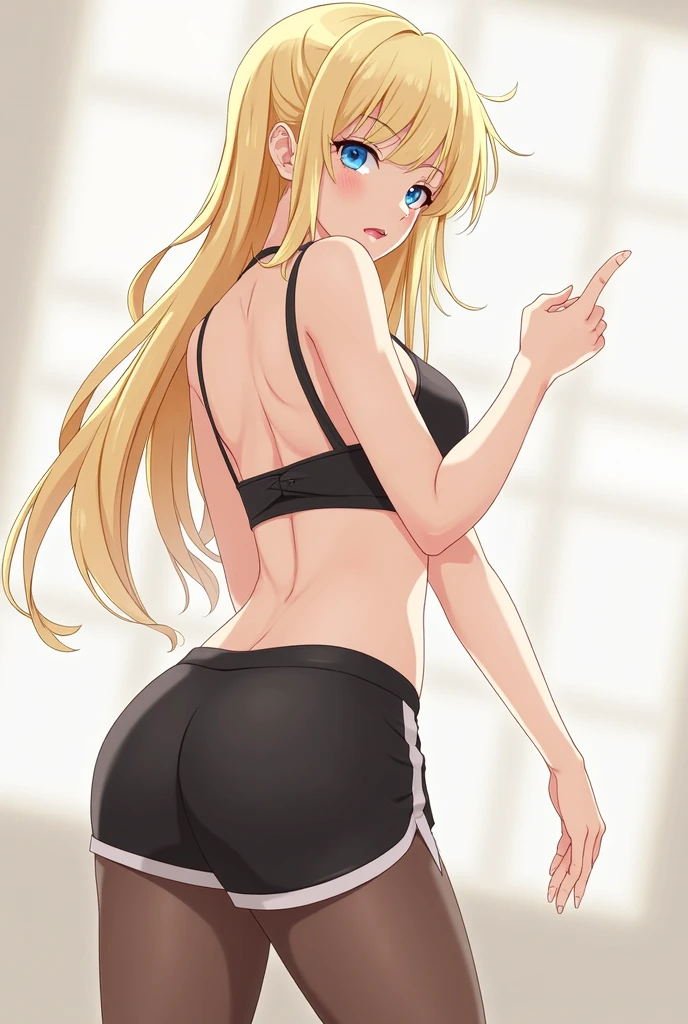 Blonde anime girl with a ponytail unclipping her bra while facing away from camera, blonde, anime, girl, flat chest, , underwear, unclipping bra, unfastening bra, facing away, full body, rear, butt, booty, arms on bra clip, thigh gap, taking off bra, breasts, stripping
