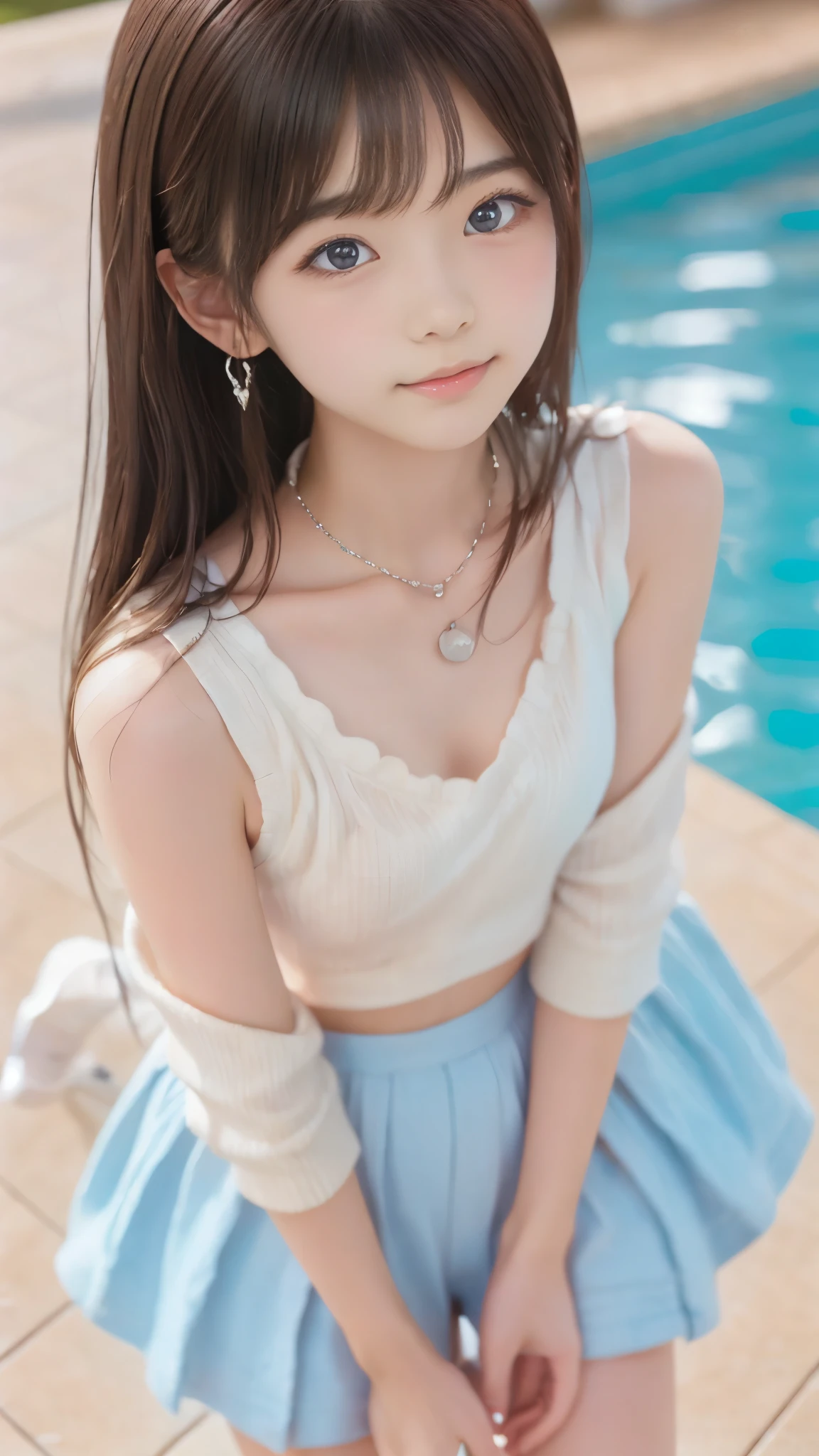 earrings、necklaces、beautiful輝きを放つ白い肌, unrivaled beauty , bright, Fresh and gentle look , 完璧なbeautifulcute顔, shiny platinum blonde silky long straight hair, beautiful光沢のある前髪, So beautiful、beautiful4Age Girl, eyeliner, とても完璧でbeautiful, blue eyes like big clear sky, very beautiful bright eye highlights, ((one girl, alone)), poolside 、cute、、(超絶cute水着ファッション)、(detailed hands:1.3, perfect right hand:1.2), ( detailed legs:1.3, thin thighs below eyes:1.2, beautiful feet), (Small beautiful breasts)