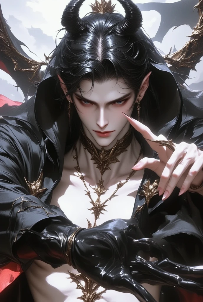{anatomy}(Masterpiece - Ultra-detailed, very high resolution) Prepare to be enchanted by a true masterpiece that combines ultra-detailed art with high-resolution rendering. This work portrays a vampire man with long black hair (1.3) and captivating golden eyes (1.2), emanating an aura of mystery in decadent settings. The intricate details and realistic textures invite you to explore every aspect of this enchanting composition. Vampire man wearing black. Serious expressions. Pale skin like a vampire.