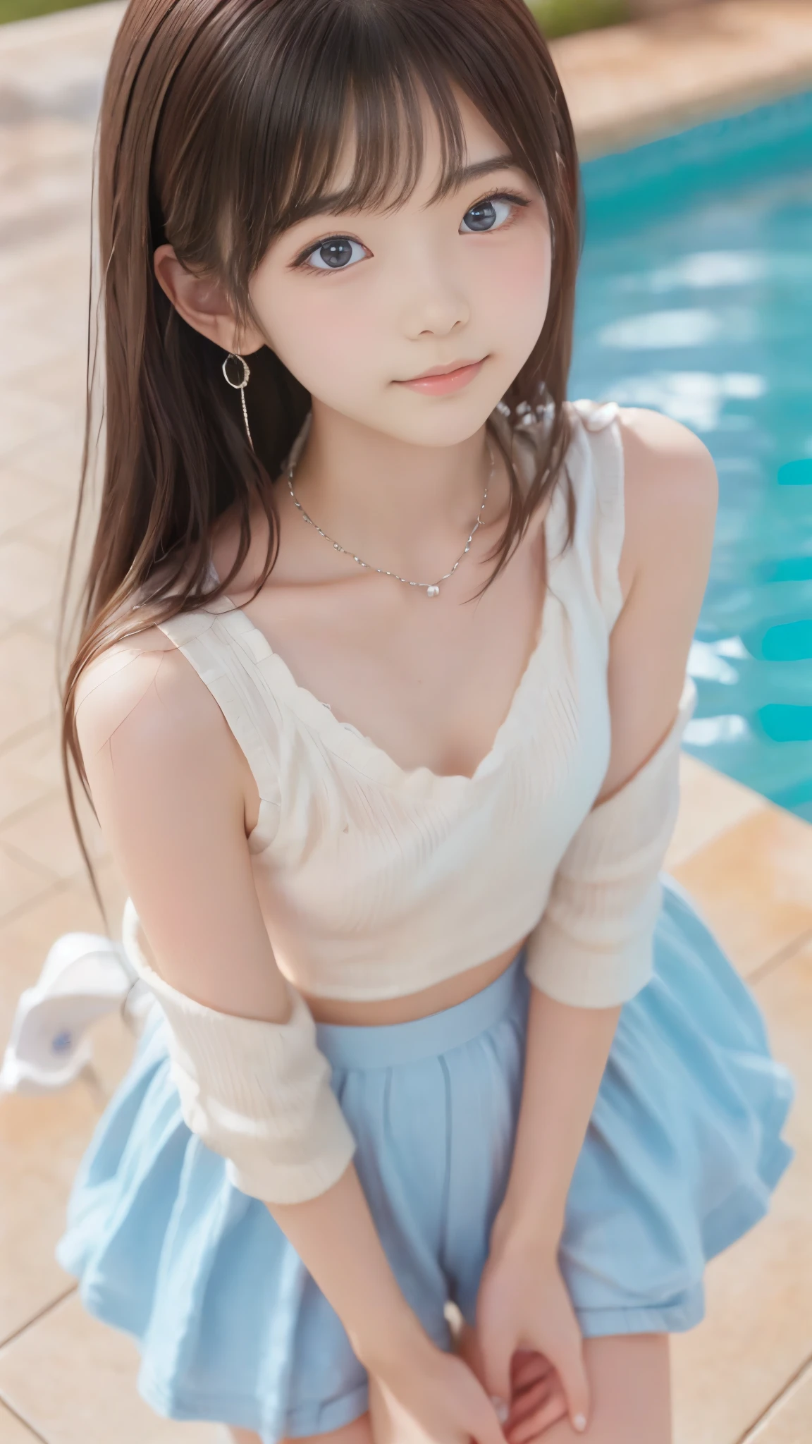 earrings、necklaces、beautiful輝きを放つ白い肌, unrivaled beauty , bright, Fresh and gentle look , 完璧なbeautifulcute顔, shiny platinum blonde silky long straight hair, beautiful光沢のある前髪, So beautiful、beautiful4Age Girl, eyeliner, とても完璧でbeautiful, blue eyes like big clear sky, very beautiful bright eye highlights, ((one girl, alone)), poolside 、cute、、(超絶cute水着ファッション)、(detailed hands:1.3, perfect right hand:1.2), ( detailed legs:1.3, thin thighs below eyes:1.2, beautiful feet), (Small beautiful breasts)