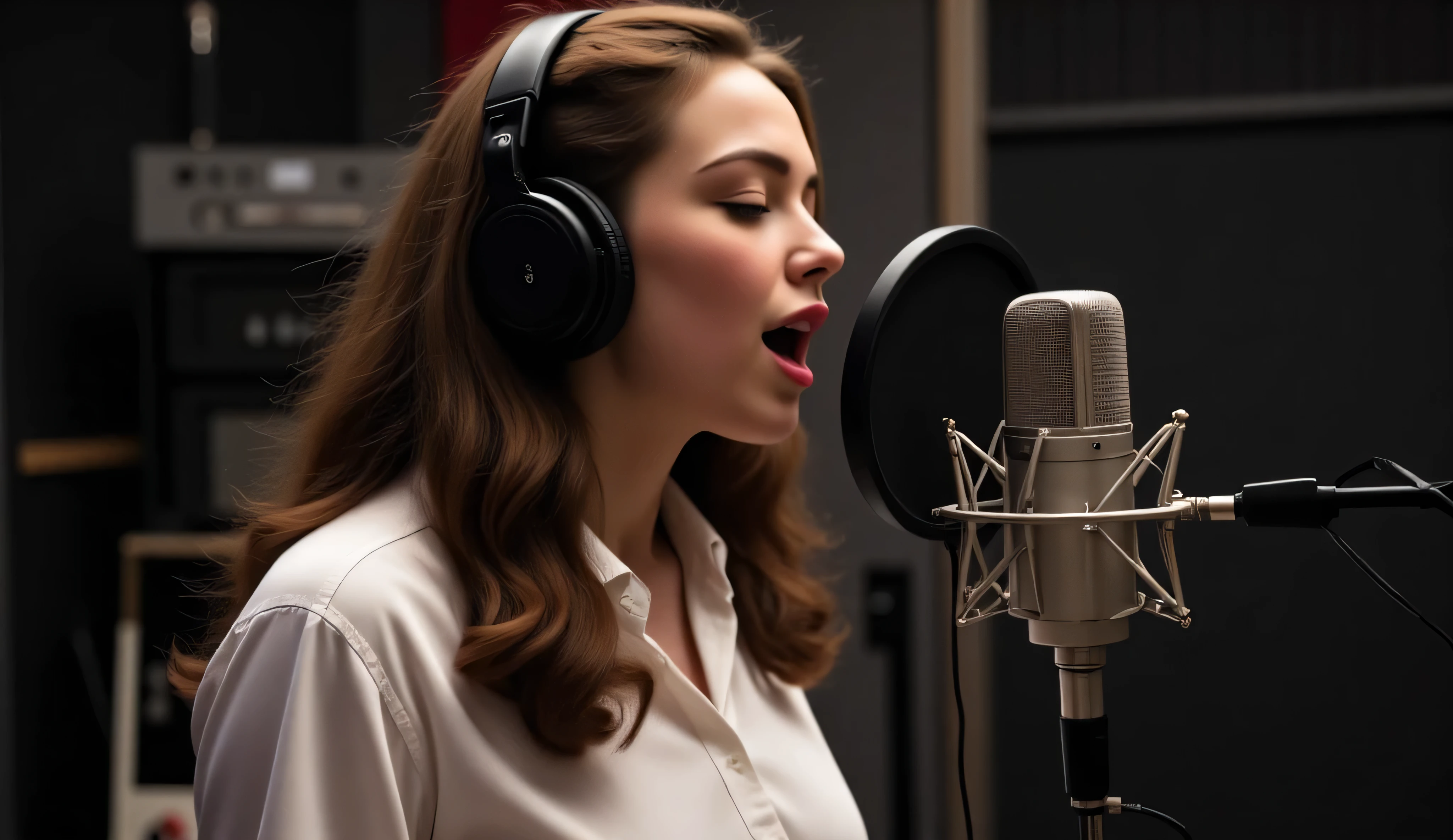 A young woman with long, wavy brown hair and fair skin, standing in a professional recording studio. She wears a crisp white button-up shirt, slightly loose-fitting, giving a stylish yet casual vibe. A pair of large over-ear studio headphones rest on her head as she sings passionately into a high-quality condenser microphone with a pop filter. Her eyes are closed, fully immersed in the music. The recording booth is dimly lit, with soft ambient lighting casting a cinematic glow around her. In the background, blurred studio equipment and soundproofing panels create an authentic music production atmosphere. The composition follows a close-up perspective, capturing her emotion and the details of the recording environment. Created using cinematic lighting, realistic textures, soft depth of field, high-definition details, and an immersive studio ambiance. --ar 16:9