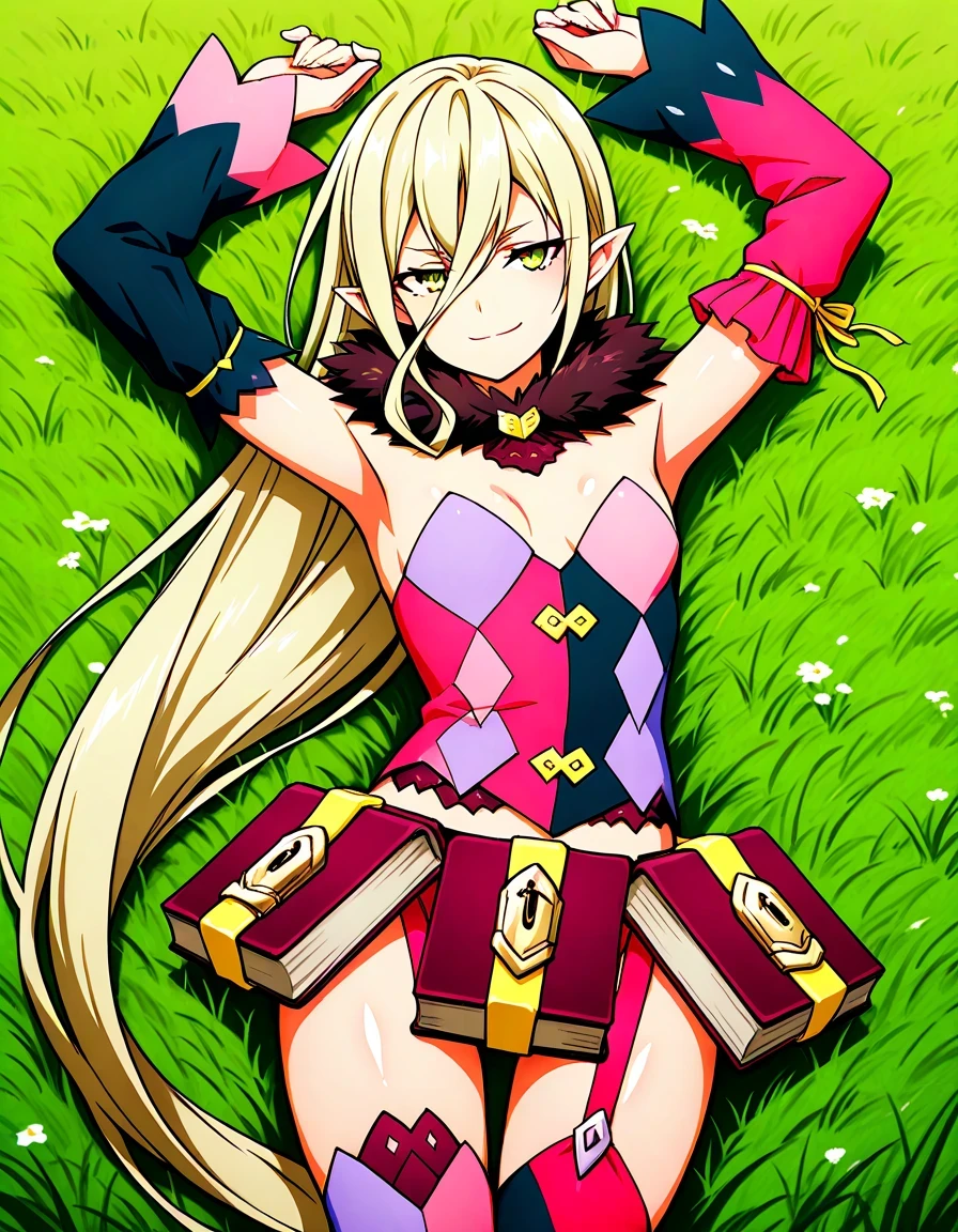 M4gil0u, green eyes, pointy ears, blonde hair, very long hair, hair between eyes, fur collar, multicolored vest, strapless, detached sleeves, mismatched sleeves, book skirt, asymmetrical legwear, thighhighs, garter straps, anime screenshot, shiny skin, high quality, solo, lying, on back, grass, arms up, closed mouth, cowboy shot, looking at viewer, smile, best quality