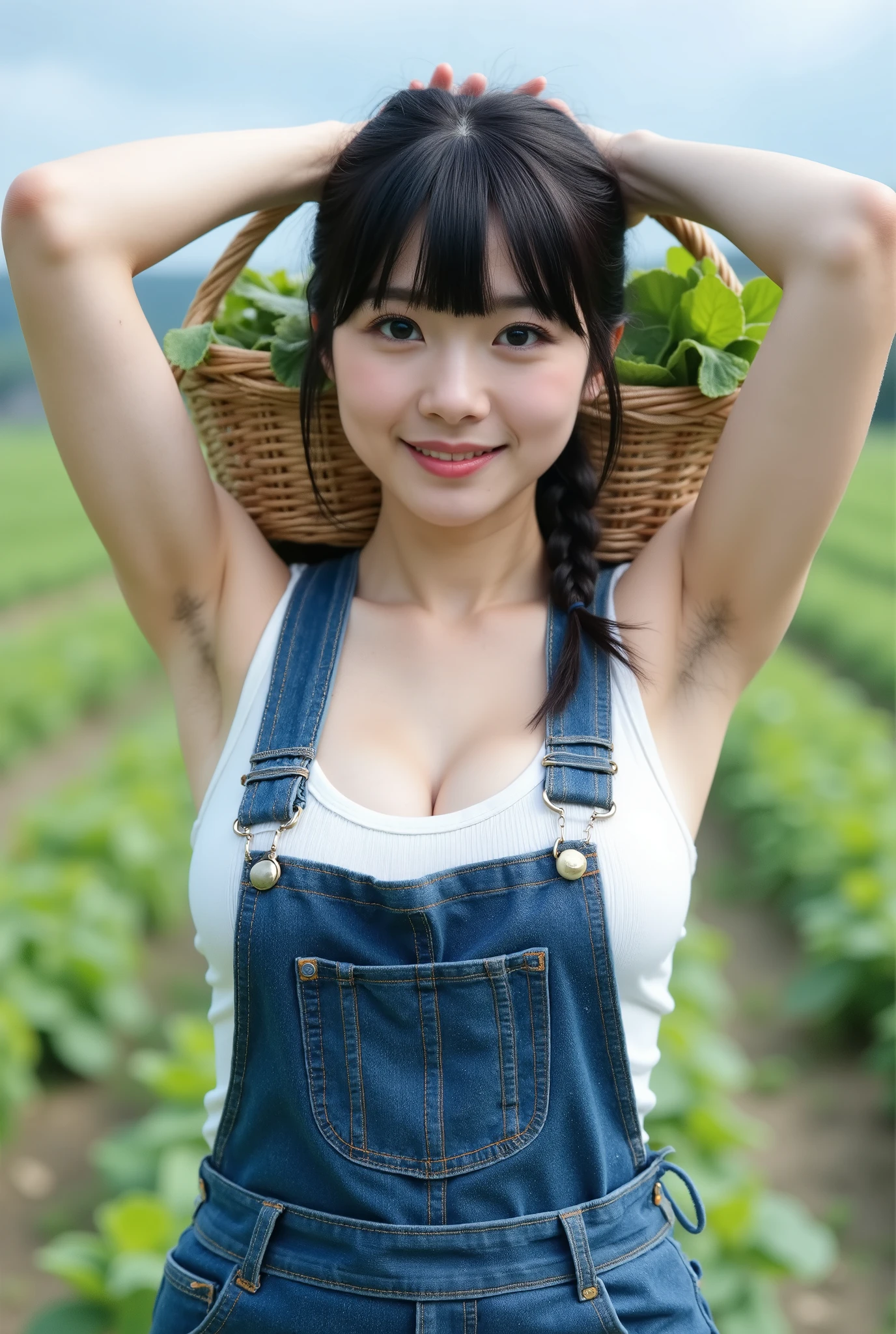 Very detailed, detailed, best quality, ultra high quality, highest resolution, Fantastic realistic portrait of a ite very young Japanese woman, with happy smiling face, detailed facial expression, detailed eye depiction, wide open eyes, cute double eyelids, thick lips, black hair, black pupils, flabby belly, (((big breasts, chubby woman, visible cleavage))), Smiling happily and wearing denim overalls, carrying a basket of freshly picked vegetables with her arms raised high behind her head revealing sweaty armpits and low cut clothing exposing cleavage, standing in the middle of a vegetable field under a clear blue sky, wearing a low cut white tank top under her overalls, Very fantastic, Depth of field photo, Spirit, Analog style, Sharp focus, 8K UHD, Braided hair with blunt bangs, looking at the viewer. Angle from above,