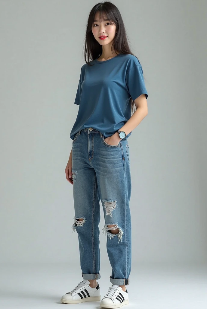 Zhu Ai_Villas,RAW photos,Brand photos,(highdetailskin:1.2),8k ultra high definition,digital SLR camera,gentlesoftlighting,high high quality,filmgrain,富士XT3,20 years old Asian woman,Wear simple clothes,T-shirt and skinny jeans,Detailed clothing details:1.3,perfect body figure,Super detailed facial details and skin,Fair and tender face and skin,二重まぶた,Super detailed eyes,Sweet smile:0.5,fully body photo