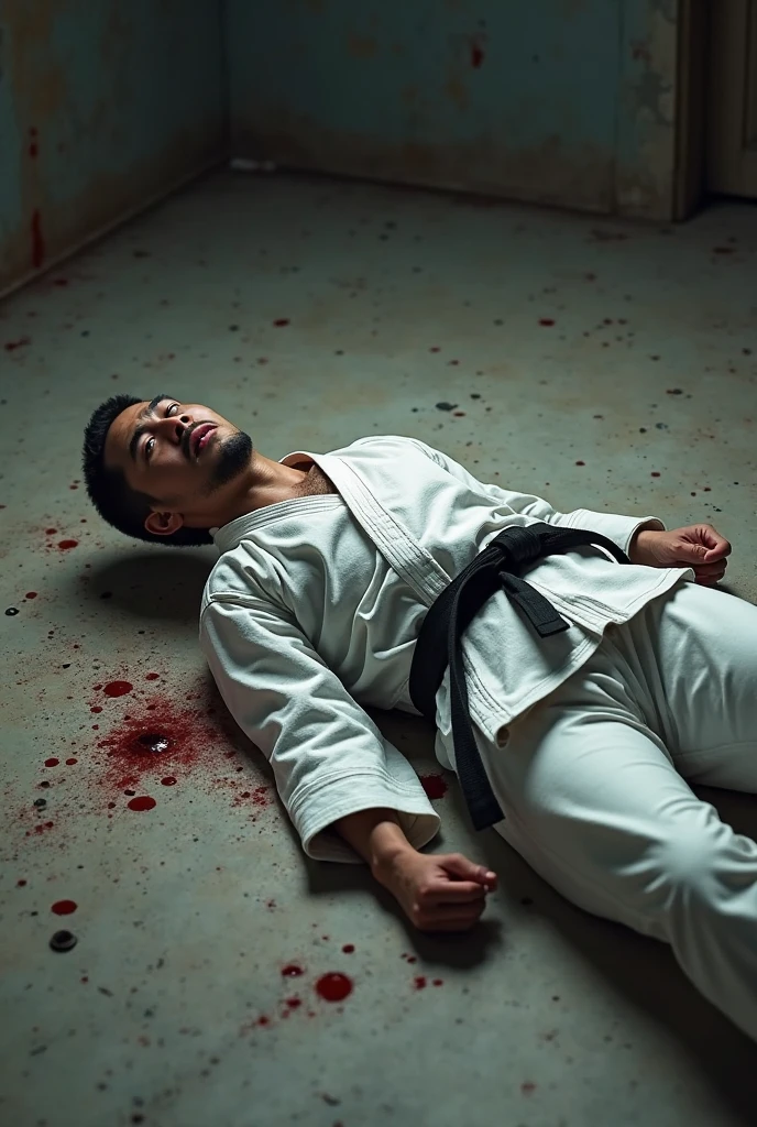 1man is down with his right knee on the floor, and his left hand on His chest trying to control a bleeding,. Full body photography Full body photography different angles of the image. Different image angles