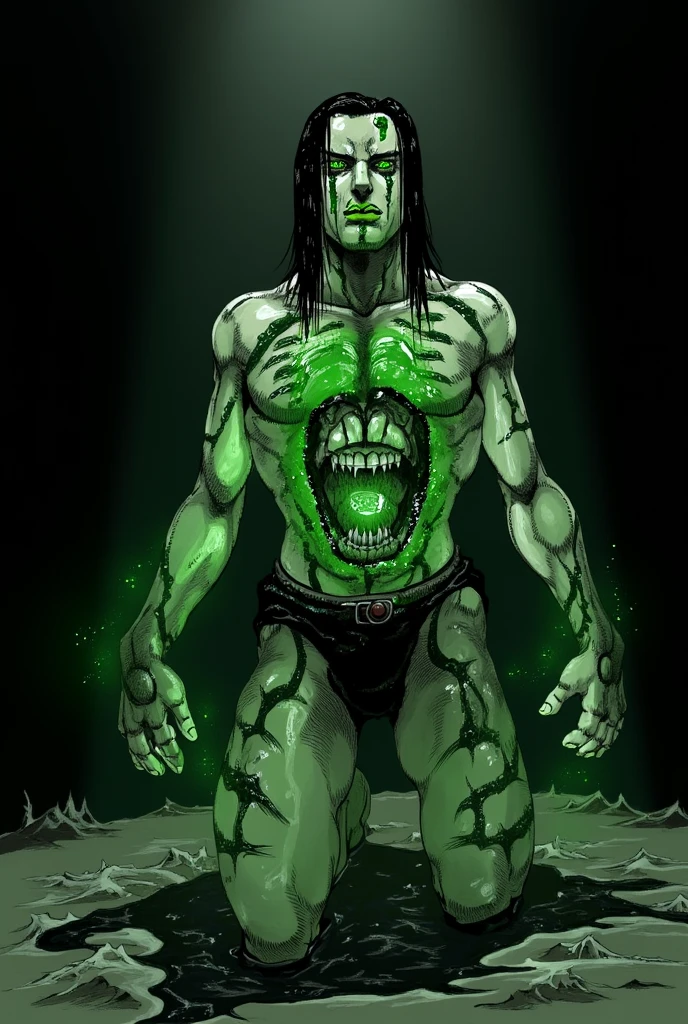 A super high-resolution 3D image of a man with an extremely horrified expression as the seaweed appears to grow inside him, wrapping around his veins and taking control of his body. His face shows clear signs of fear and despair.in the forest,darck,Green light