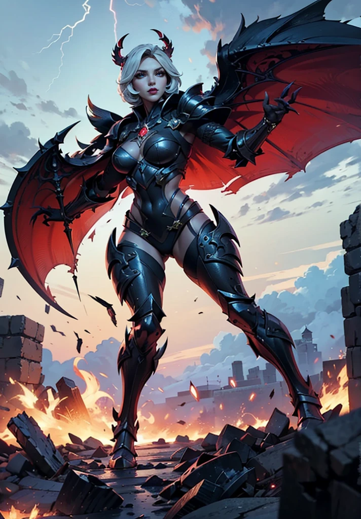 girl, gargoyle warrior, comprised of Antikythera mechanisms, crouching, evil look, sexy, armour panties, claws, fangs, wings, busty, demon tail, demonic armor, facepaint, bodypaint, red glowing eyes, combat stance, vibrant appearance, creative behavior, imaginative, sensual, spontaneous, highest quality, skin texture, intricate details, (cinematic lighting), RAW photo, 8k, under moonlight, nightmarish, full moon, firestorm, debris