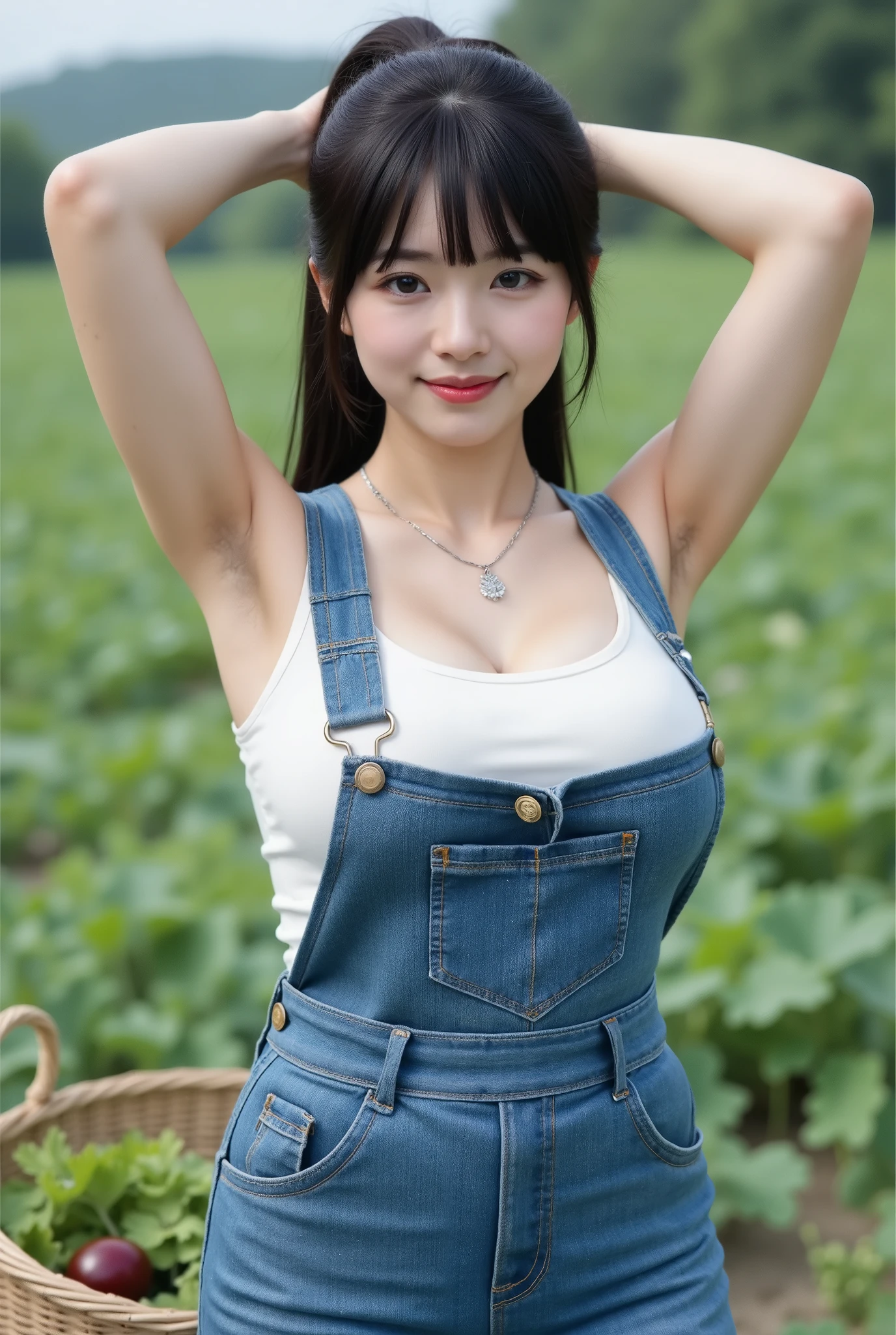 Very detailed, detailed, best quality, ultra high quality, highest resolution, Fantastic realistic portrait of a petite very young Japanese woman, with happy smiling face, detailed facial expression, detailed eye depiction, wide open eyes, cute double eyelids, thick lips, black hair, black pupils, flabby belly, (((big breasts, chubby woman, visible cleavage))), Smiling happily and wearing denim overalls, carrying a basket of freshly picked vegetables with her arms raised high behind her head revealing sweaty armpits and low cut clothing exposing cleavage, standing in the middle of a vegetable field under a clear blue sky, wearing a low cut white tank top under her overalls, Very fantastic, Depth of field photo, Spirit, Analog style, Sharp focus, 8K UHD, Braided hair with blunt bangs, looking at the viewer. Angle from above,