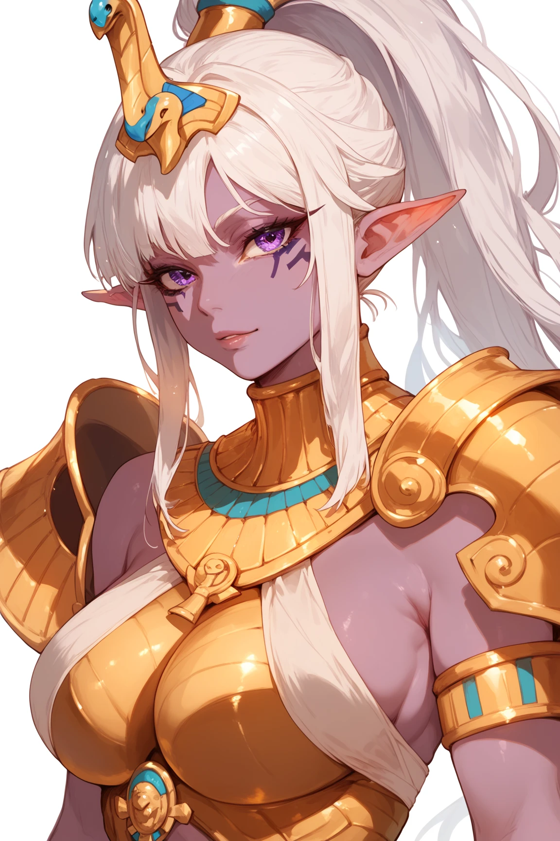 masterpiece、highest quality、very detailed、High resolution、16k、Thin contours、I can see the nipples、chest proportions、elfの女の子、golden armor shines、Sheer white skirt、black pants、very white skin、beautiful fingers、Anime girl very big breasts naked pose、perfect style、elf、No bra、blonde blue eyes、cool smile