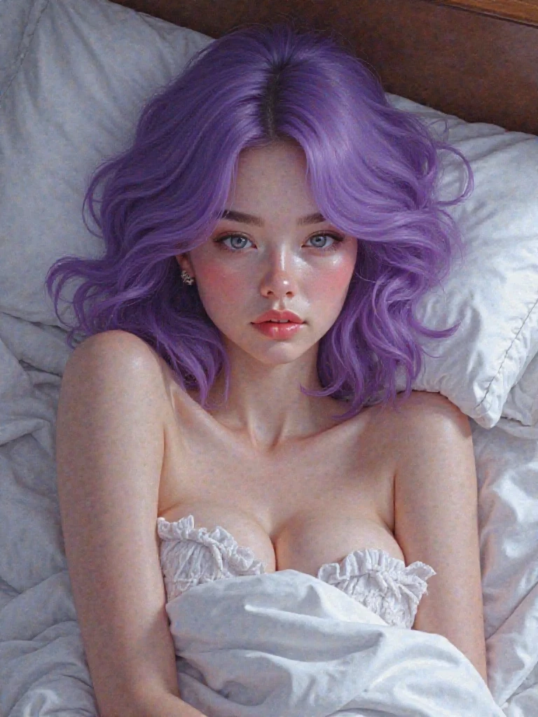 A realistic rendering of a Victor Vasnetsov style illustration of a very close, ultra close shot on the breasts of two pert, nubile, thin, pretty, freckled, girls with 50s style, very short purple hair, best quality, topless, tiny breasts, bare breasts, exposed breasts, small breasts, little breasts, exposed crotch ,pink nipples , puffy nipples , exposed nipples , slight smile, open mouth, wearing pastel colored body harnesses, with wide lace straps, uniforms, iridescent sparkles on chest, iridescent glitter on breasts, white cuffs, white collar, hip straps, iridescent sparkles on breasts, reclining on a bed in a pink, 1950s teenl's bedroom, ultra close shot on breasts