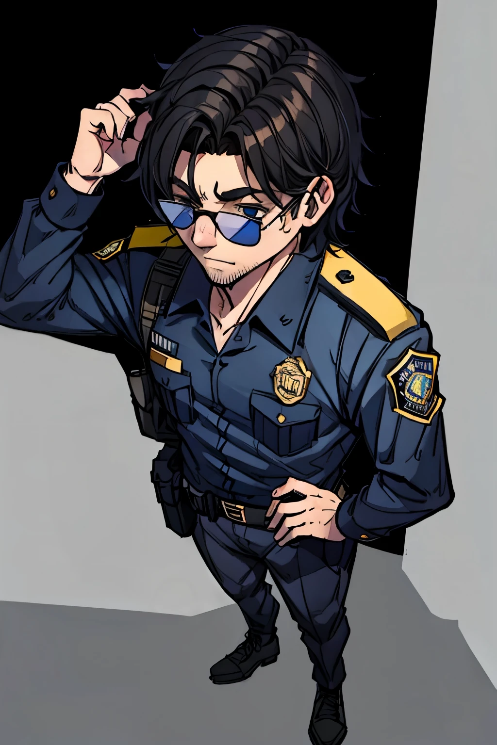 MAN IN POLICE CLOTHING, black hair and dark glasses