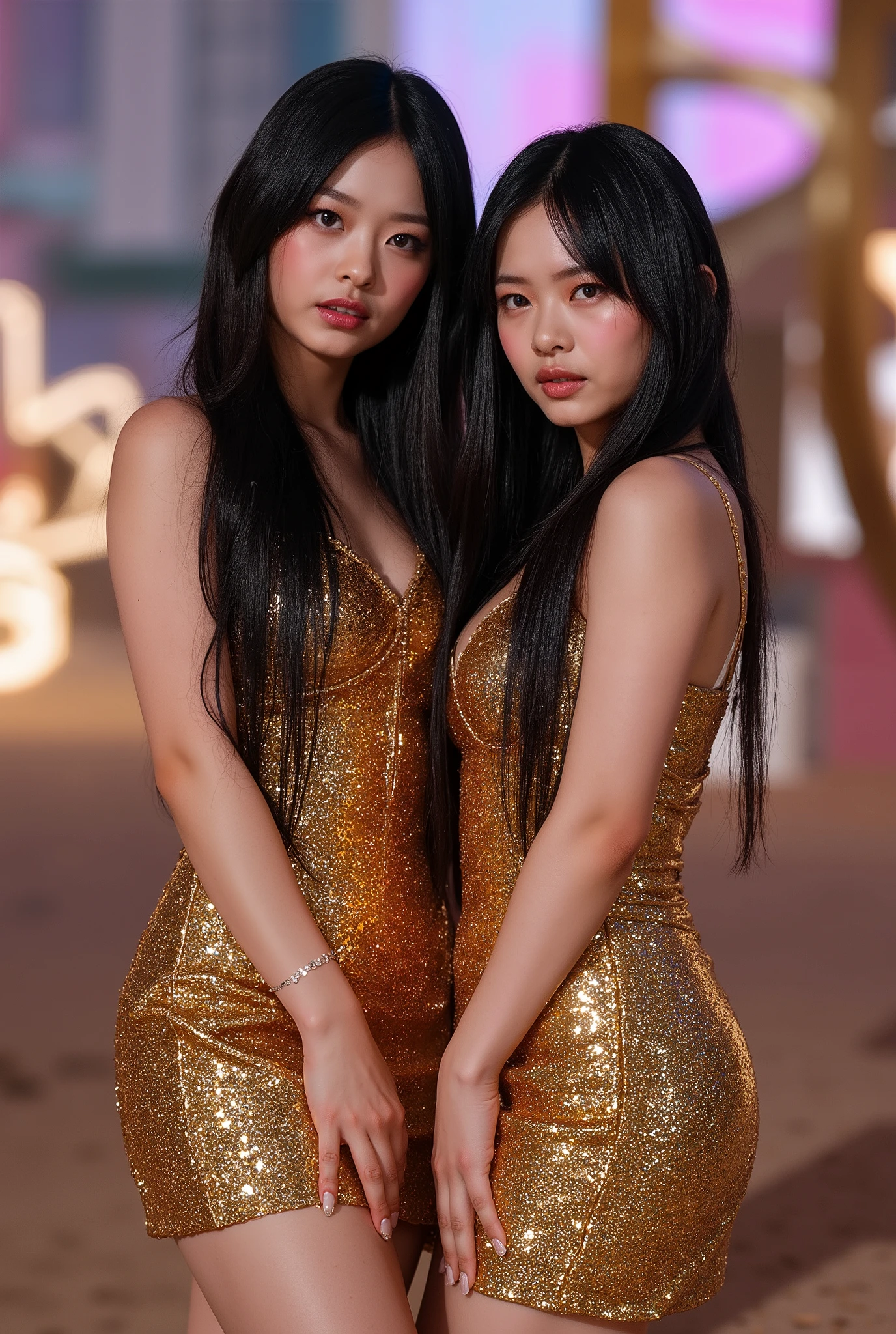 Best quality, masterpiece, highly detailed, realistic, sexy, cleavage, beautiful realistic and enchanting woman in a very sexy sequin sleeveless halter neck silver-golden deep plunging bodycon dress, two sisters, Long messy hair, sparkeling golden glitter on the body, long eyelashes, glittery pink rouge, glittery makeup, seductive smile, with an ethereal aura in a captivating fantasy realm, stylish, cool, edgy, fancy, luxurious, , sexual, seductive,