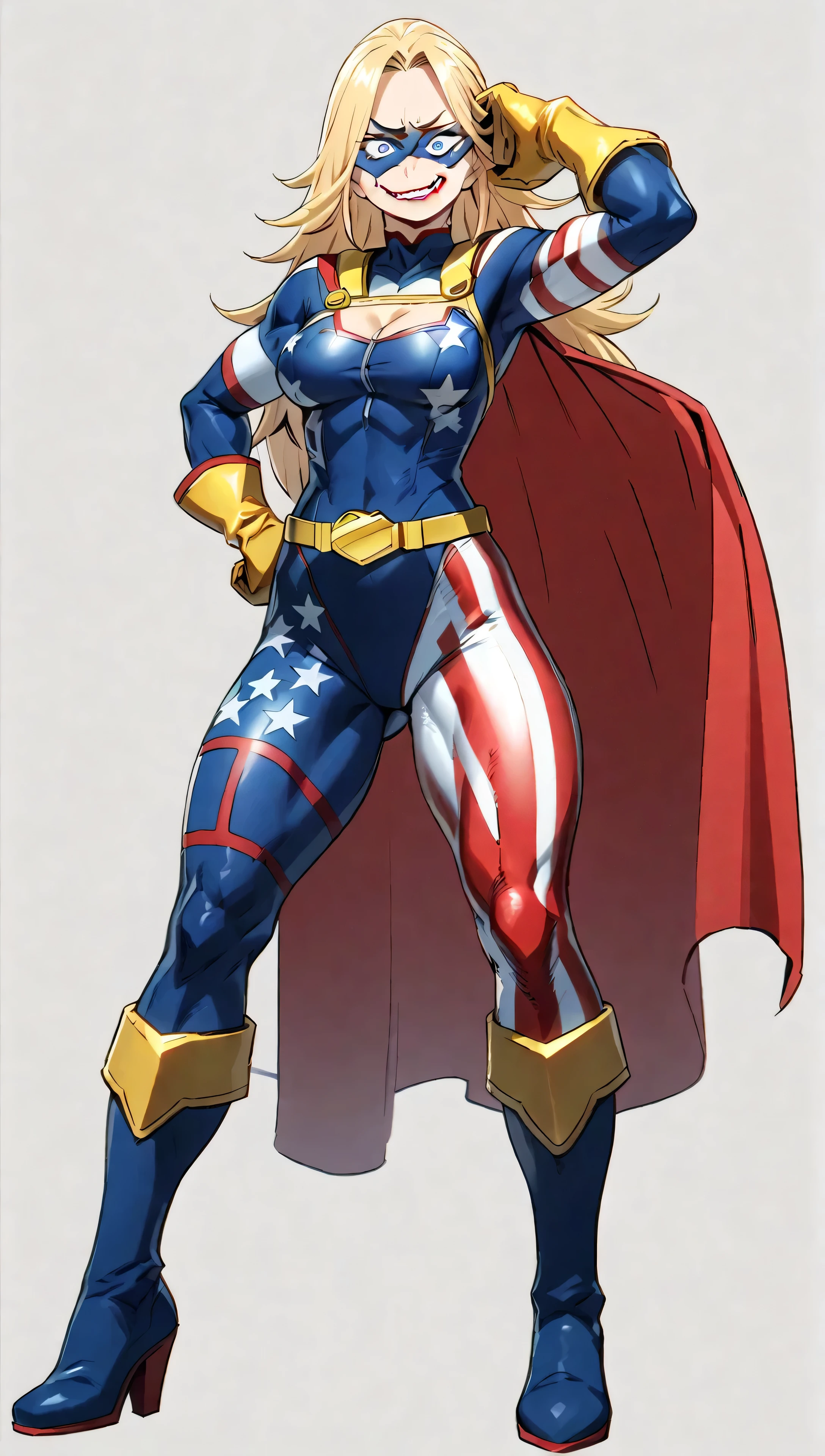 ((Highest Quality))), (Simple background), 1girl, fullbody, standing, athletic body, red lipstick, haughty expression, smug, blue eyes, crazy eyes, long hair, domino mask, American flag themed hero suit, navy blue bodysuit, hero suit, American Flag Cape, Hero Suit with cape, golden gloves, golden gloves, gold belt with a U logo on the buckle, medium breasts, wide hips, evil smiles wide thighs, shadows on the face, crazy smile, bullish expression,
