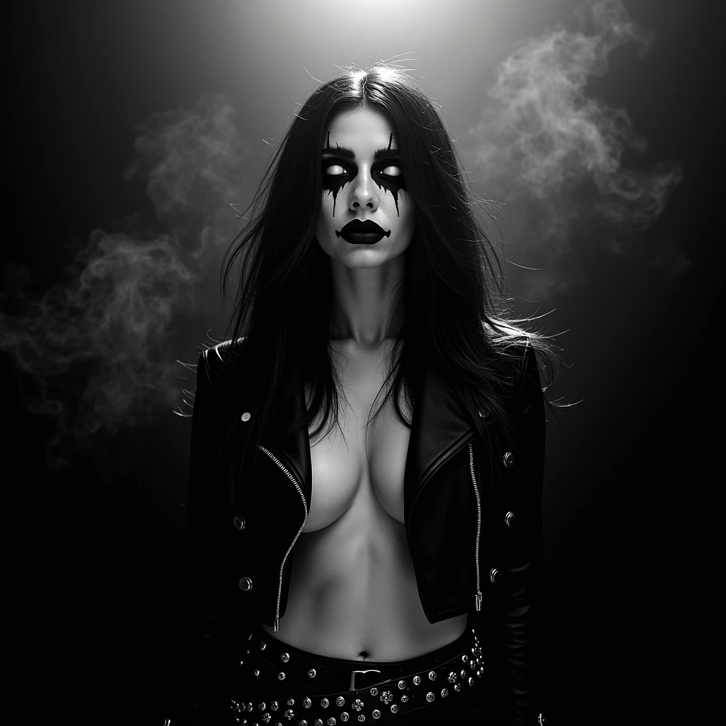 bs, solo, simple background, monochrome, upper body, greyscale, bodysuit, black background, 1other, monster, arms at sides, horror (theme) there is a large-breasted woman in the picture with her arms torn off and her face bleeding, ravens flying in the background, stocking, hot lingerie, big boobies, red paint splatted on it