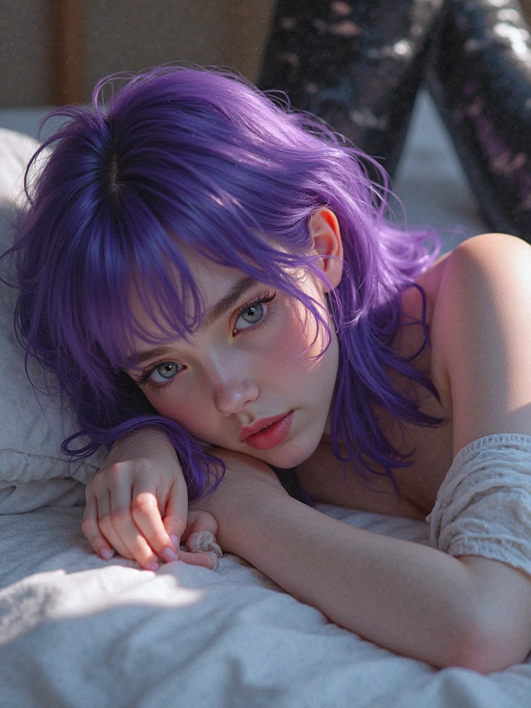 realistic photo, 25 year old arabic japanese woman, nude, lying on bed with legs spread, green eyes, purple hair, space buns, panda pendant choker, detailed face and body, natural lighting, high resolution, photorealistic, (best quality,8k,highres,masterpiece:1.2),ultra-detailed,(realistic,photorealistic,photo-realistic:1.37),realistic skin texture,detailed eyes and lips,beautiful detailed face,long eyelashes,smooth skin,natural body shape