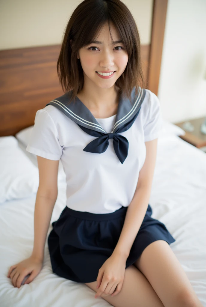 Japanese women, (smile:1.05),Browsing Caution、8K,Highest quality, masterpiece, Very detailed, 超High resolution, Realistic, RAW Photos, , Absolute Resolution, Complete limbs、Complete Anatomy、Perfect beautiful skin、cute女の子1人,cute女の子 、、(smile:1.2)、 Girl、(school uniform:1.3)、(Sless shirt:1.1)、 ((When you raise your hands above your head, you can see your armpits.))、、Micro Mini Skirt、、Accentuate your thighs、cute女の子、 , Realistic young gravure idol, Japanese Girls、、by 2 person、(bedroom:1.2)、Mix 4, (16K, Raw photo, Best image quality, masterpiece: 1.45), (Realisticな, Photorealistic: 1.37), Two Girls, cute, Professional Lighting, Photon Mapping, bedroom, Physically Based Rendering, Dark brown long bob hair,Beautiful, well-groomed eyes、double eyelid、With a girl, (((Sleeveless shirts worn by Japanese high school girls、Checkered mini skirt,、Dark blue socks、Black Loafers))), Highest qualityの写真, High resolution, 1080P, (Clear Face), (Detailed face description), (Detailed hand description), (masterpiece), masterpiece、Rich details、(Beautiful Faces)、(Highest qualityの写真)、(Detailed eyes)、 in front of you、Thin clavicle、((Slim and large))、(((Japan wears short-sleeved shirts)))、((Pure Idol))、((明るいbedroom))、(Shot from random perspectives)、(((とにかくcute)))、smile、Drawing the whole body from the knees、 nasolabial folds、(Large firm breasts:1.2big ass、Two arms and tlegs、(((from the front:0.4)))、bare hands、Symmetrical eyes、