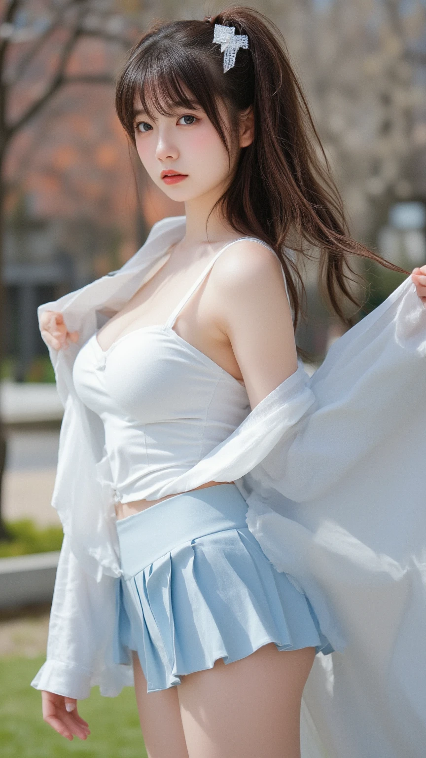 ((top quality, 8 thousand, masterpiece:1.3)), (Concentrate upon:1.2), (perfect body beauty:1.4), ((delicate hair)), Highly detailed face and skin textures, Fair eyes, double eyelid, shiny skin, smile, wear a necklace, Glossy face, small face, (tits huge:1.4), 20 years, (Dress lift), ((The dress skirt is lifted and the panties are a little visible:1.4)), beautiful smile, (Cotton panties in different colors), (Korean woman :1.4), (Women's sneakers), (yerin, Seoul's Han River promenade overlooking the blue river)