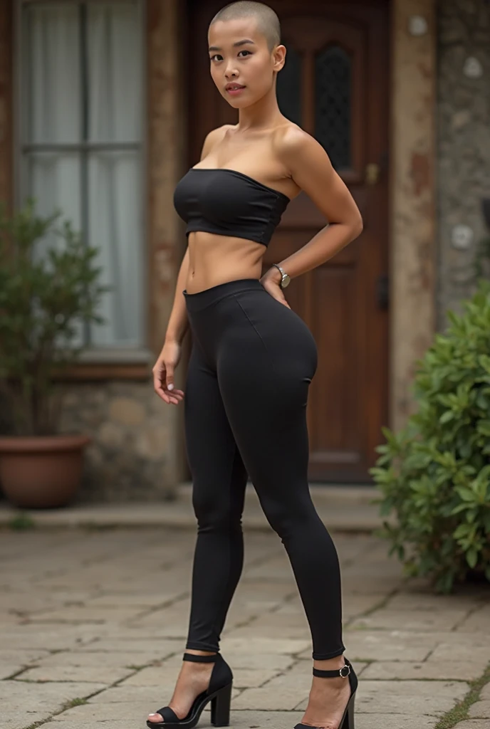 Tyra banx SHAVED head (very big size breasts 2.1) very small waist, very wide hips, tight black top, thight red shorts streching before going for a run in the park.
