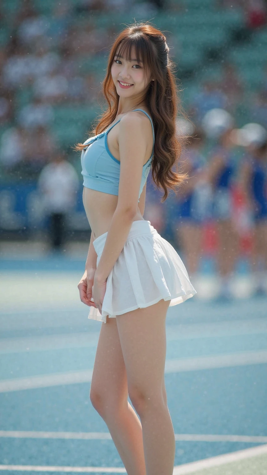  (8K, best quality, masterpiece:1.2), (realistic, photo-realistic:1.37), (high color saturation:1.0),  (highly detailed skin), (highest quality:1.0), (ultra high resolution:1.0) ,(realistic:1.0), (Super detailed:1.0), (8K, Raw photo:1.1)、random pose, smiling, small breast, perfect lighting, 3girls, (mysterious), (blurred background), clear and detailed, dancing, cheerleading_uniform, hold in hand pompoms, ((stadium)), blue sky, sunshine, low angle, blue and white stripe skirt, raise one legs, (no panties), inverted nipples, jumping pose, software, full body shot、nsfw, audience,looking at back viewer,