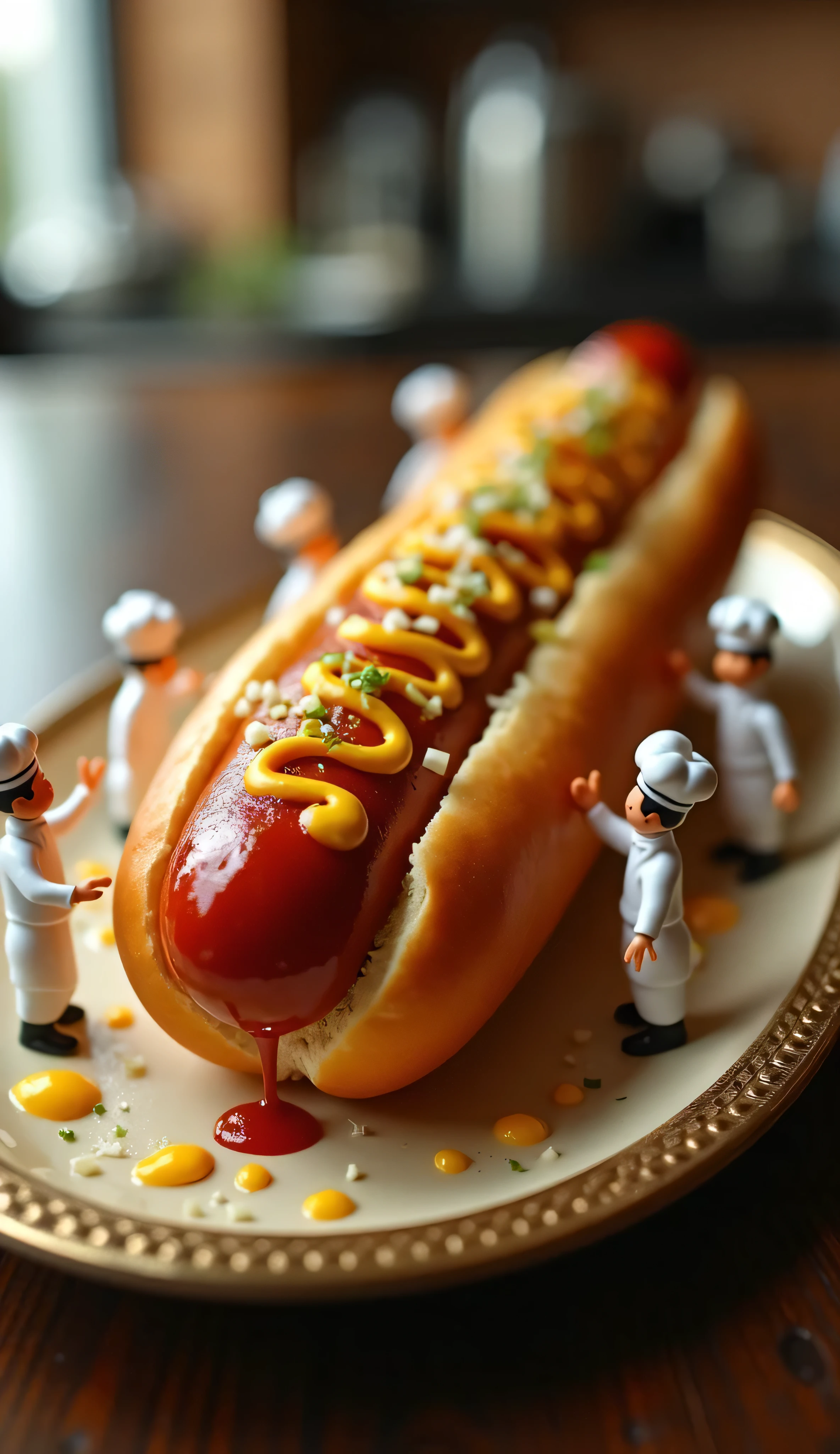 hyper-realistic macro shot of a giant gourmet hot dog on an elegant platter, being decorated by ultra-miniature cooks—each no bigger than a grain of rice. These tiny chefs, wearing crisp white aprons and miniature chef hats, are in subtle, synchronized motion as they drizzle vibrant lines of mustard and ketchup, and sprinkle finely chopped onions onto the hot dog. The camera smoothly follows their delicate, coordinated movements, emphasizing every intricate detail of their work. Warm, cinematic lighting highlights the glossy texture of the condiments and the rich, browned surface of the hot dog, while the softly blurred background suggests a bustling, upscale kitchen environment. Ultra-detailed textures, 8K resolution, and a shallow depth of field.