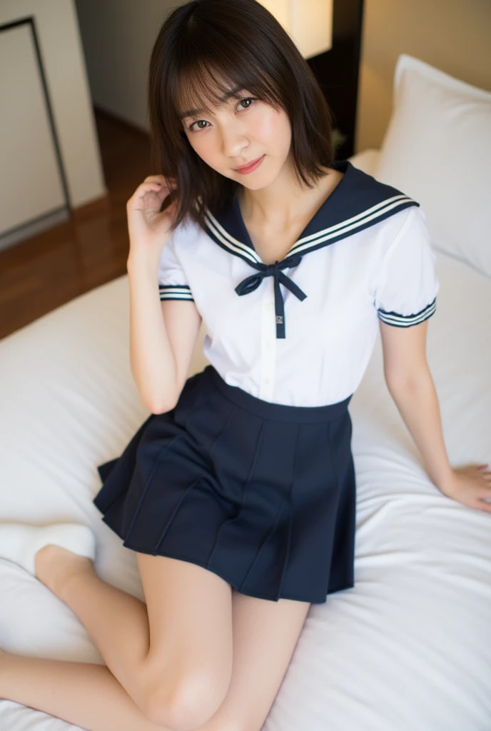 cute,teen,black hair,long hair,straight hair,with bangs,angelic smile,model,full breasts, back pose,on bed,summer sailor suit
