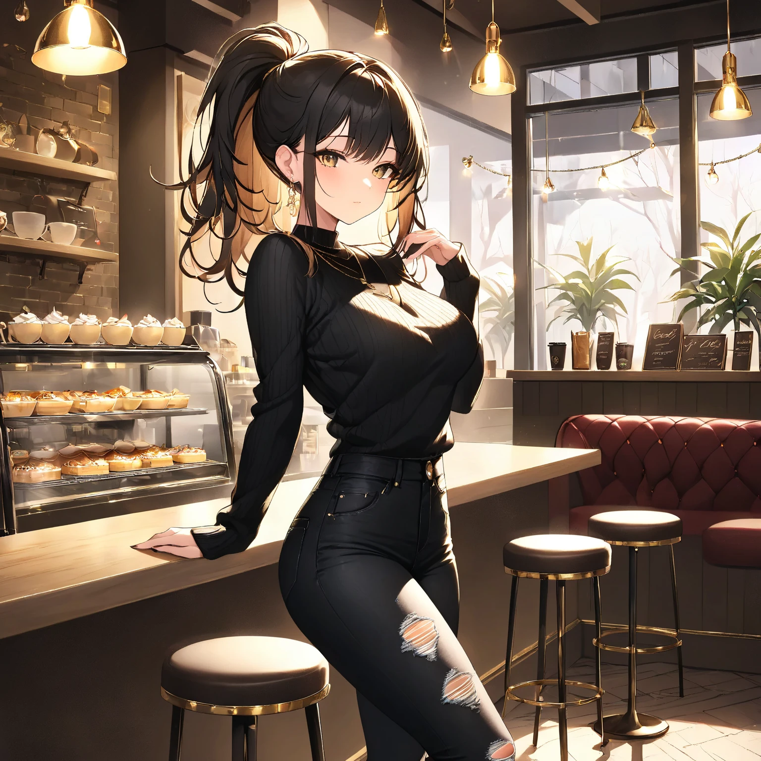 A woman wearing a black sleeveless shirt, black gloves, black skirt, black boots, big breasts, black eyes, black hair, long hair, smiling, perfect face, outside a coffee shop, standing.,UHD, masterpiece, accurate, anatomically correct, textured skin, super detail, high quality, best quality, 8k, high resolution, bokeh effect. ( solo woman),
