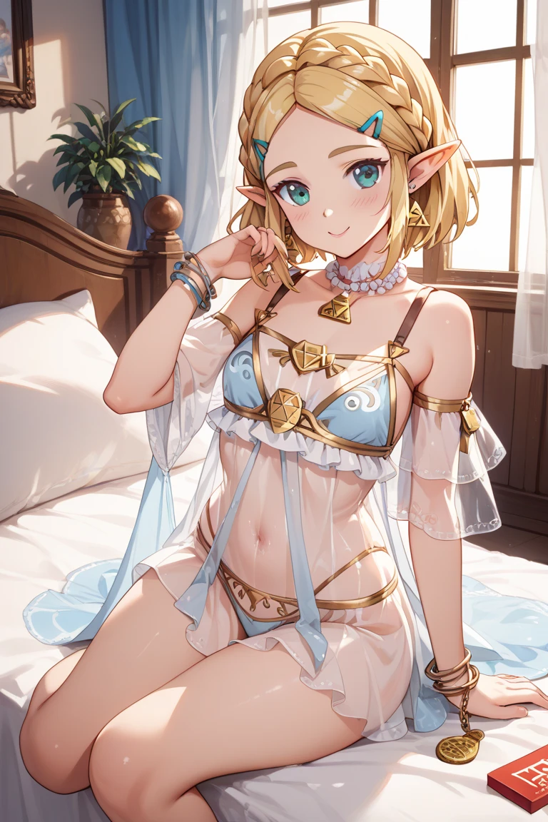 ((Masterpiece)),  ((best quality)), (super detailed), (Professional Photography), (Photorealsitic:1.3), (flat chest), flat shading, 1girl, cute teenage girl, slim, messy blonde hair, white crop top, (tribal loincloth), (white panties), (barefoot), smile, blush, sitting on soft bed, awake, bedroom, bright sunlight, warm, best shadows, watercolor,(elf ears)