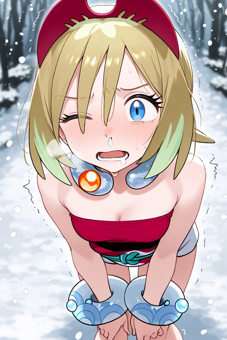 gumi, green eyes, green hair, medium hair, sidelocks,,goggles, goggles on head,  , empty eyes , large breasts, nipple, Running, , Heavy snowfall area　frozen , (Sweating profusely, Love juice, Wet Woman, female ejaculation), crying mountain Alone, crying, Naked, solo, 1girl, Peeing, lactation, projectile lactation