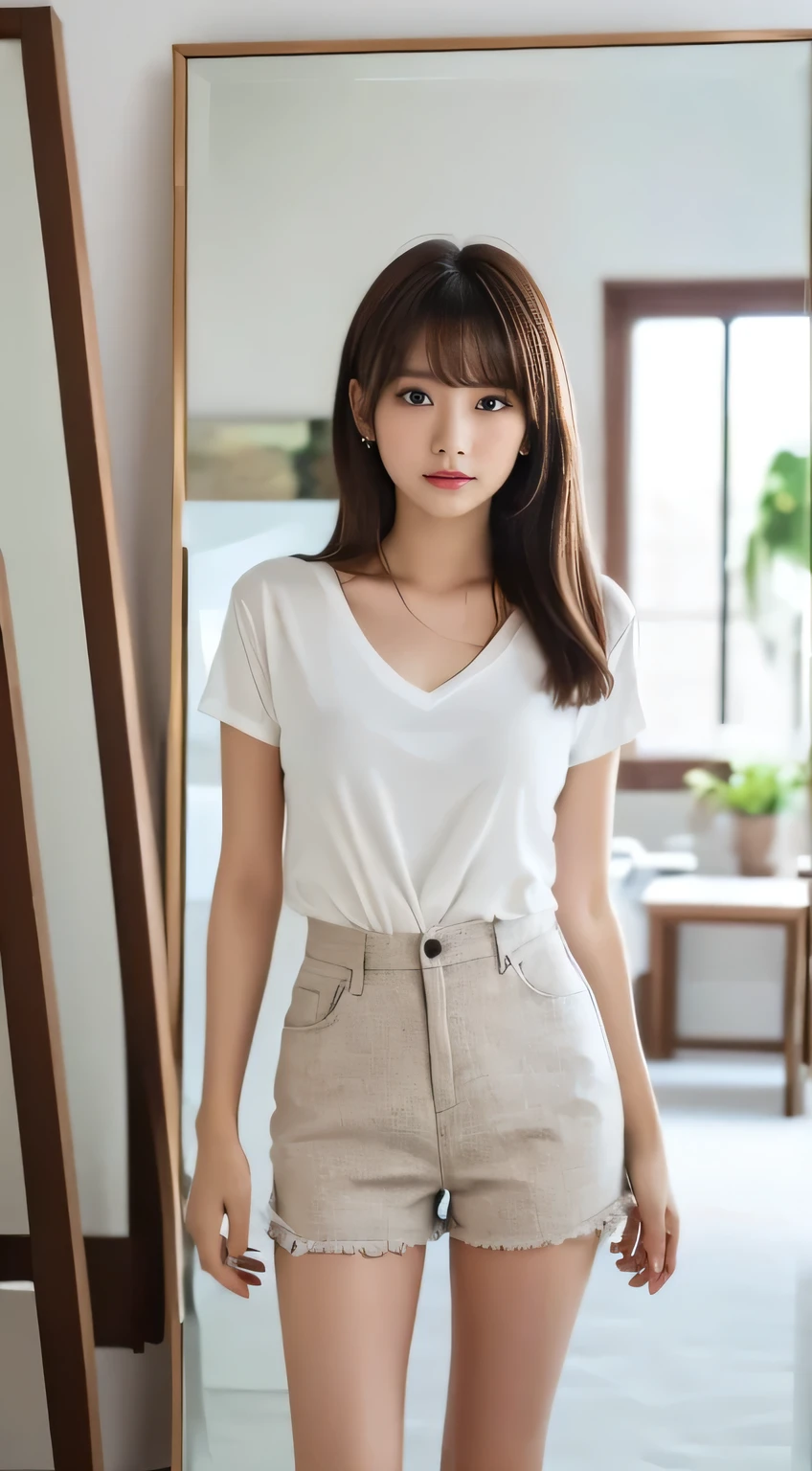 (Beautiful girl staring at viewers、 in the mirror:1.3)、Top Quality,8K images、V-neck t-shirt with visible bangs over eyebrows 、 thin legs、standing