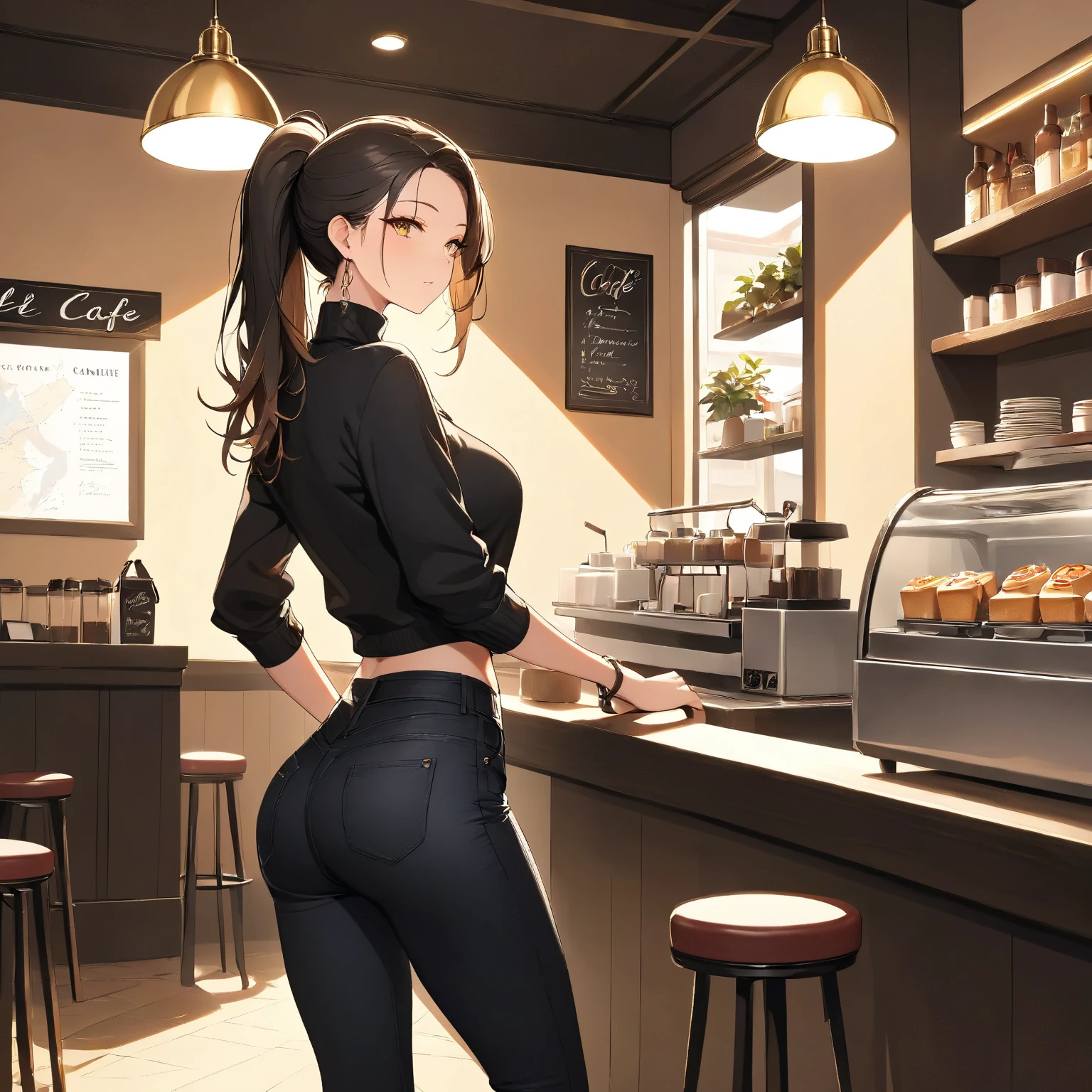 (masterpiece, best quality), photo of a woman, yoga pants, from behind, looking at viewer, cafe, short hair