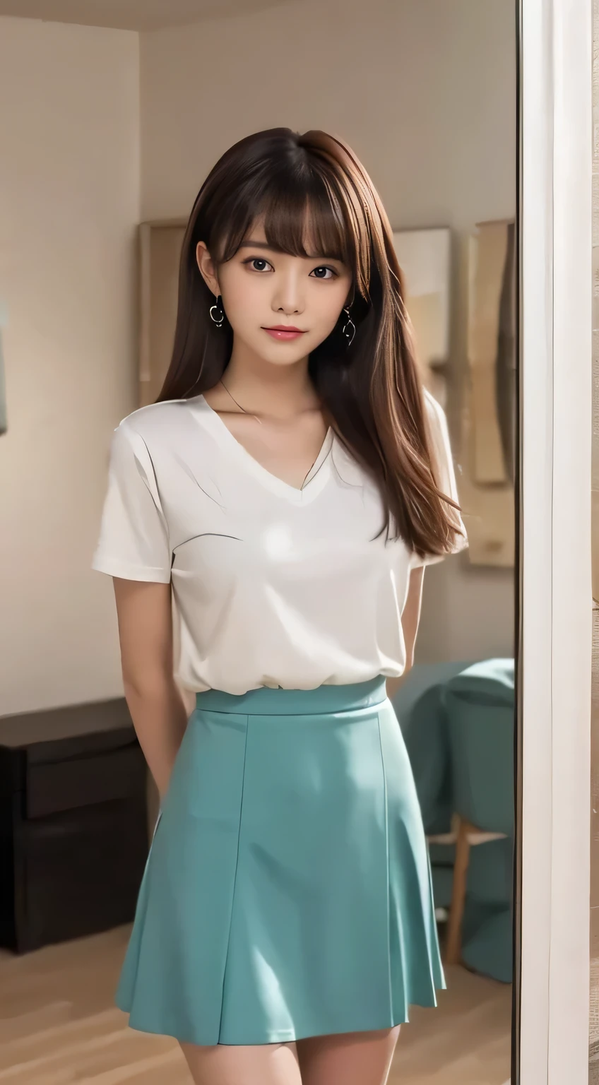 A close up of a woman in a skirt and a white shirt - SeaArt AI