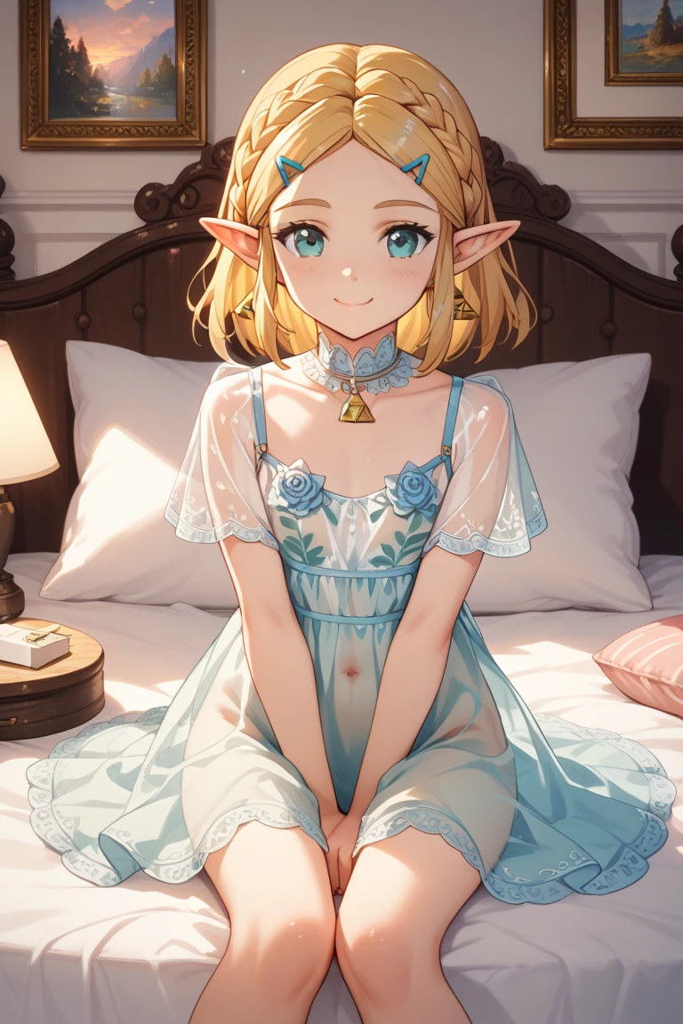 Golden hair,in bed,spread legs,no underwear,blush,blue and white mix night dress,elf,rose in hair,blue eyes,jewelry,spread pussy, ,female ejaculation,
