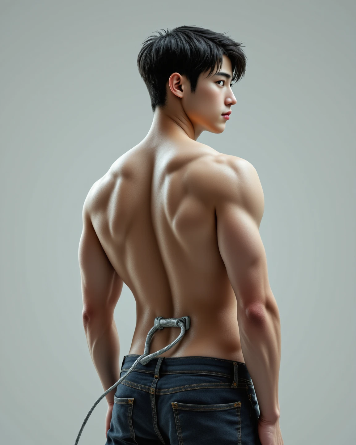 (ultra-realistic, highres ,best quality, masterpiece:1.2), asian, full body, 18-year-old Japanese male posing nude, detailed facial features, detailed eyes, detailed hands, long eyelashes, no facial hair, young, slim physique, skinny, small build, no body hair, handsome face, nude, backside facing, dynamic poses, firm butt, stylish hair, simple background, photo studio, dramatic lighting effects