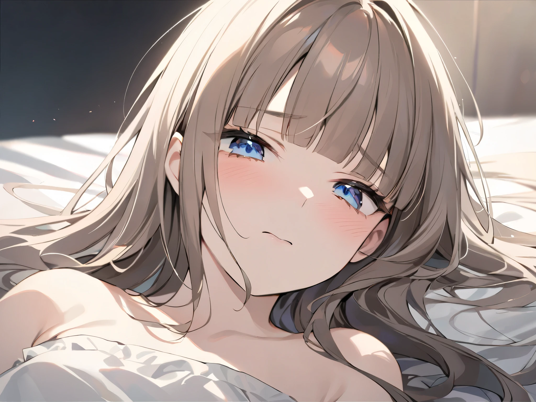 masterpiece、Highest quality、 dark background、blunt bangs、chest length hair、whitish ash brown colored hair、blue dark eyes 、looking here、cut、 lying on the bed、embarrassed expression、upper body