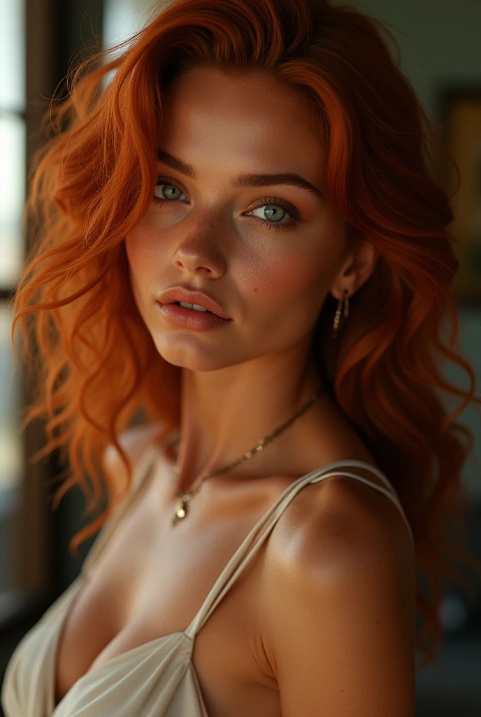 (Realistic photo of a beautiful woman, 35 years old, grey eyes, full full lips, red hair, long curly hair, curls, tanned skin, jewellery, realistic, soft lighting, professional photography, photorealistic, detailed, RAW, sharp focus, ultra-high resolution, best quality, masterpiece, (best quality, high-resolution, ultra-detailed:1. 2), HDR, bright colours, workout, curvy, sexy, sweating, earrings, gym