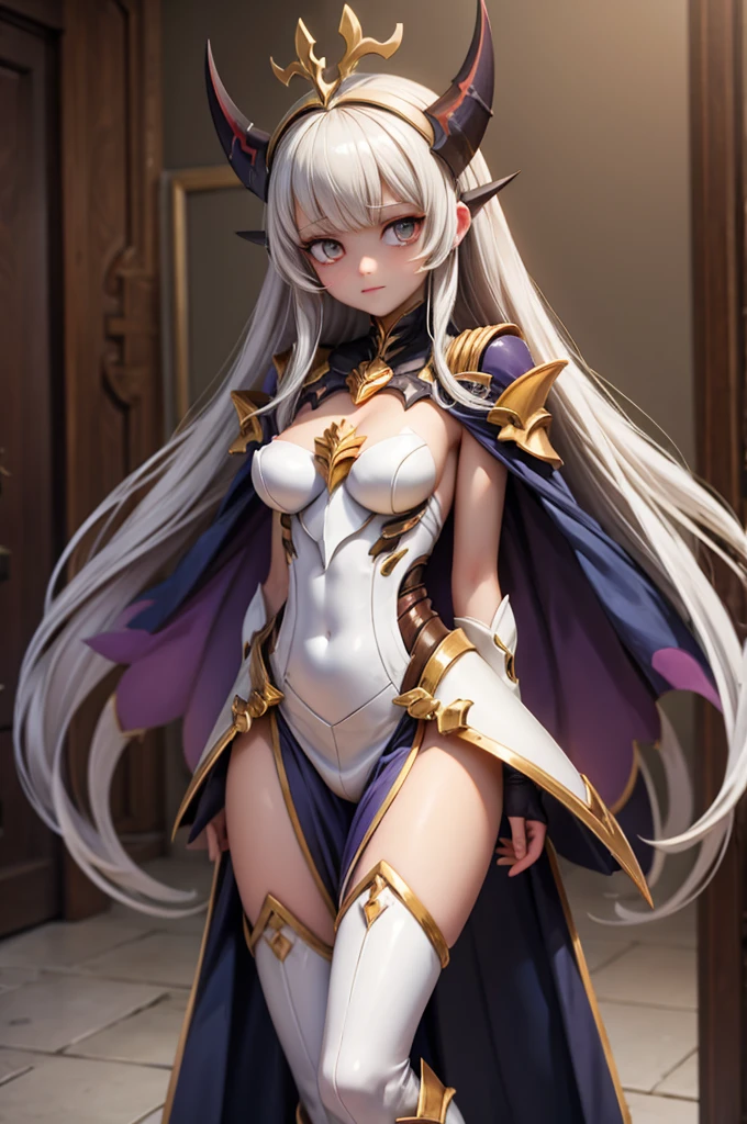 masterpiece,best_quality, (Female drow slave bikini chest covered)(smile) Gray skin, pale golden hair and violet eyes. She prefer's clothing of white and silver with cloaks of deep blue or purple, grey background, huge_knockers, ((very precise detailed)) ((highres),cute girl,childshi body