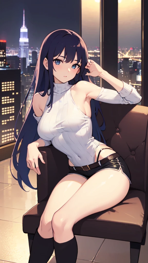 best quality, masterpiece, ultra-detailed, illustration, dynamic pose, a close up of a woman sitting on a chair with a cat, 1girl, powerdef, sharp teeth, cross-shaped pupils, trending on devianart, trending on artstation, deviantart, artstation, ig model, looking at viewer, (evil smile), close-up shot, thick thighs, big breasts, big ass, wide hips, hip dip, underboob, tank top, glossy lips, cinematic lighting, volumetric lighting, vibrant colors, ray tracing, intricate details in 8k or 4k resolution