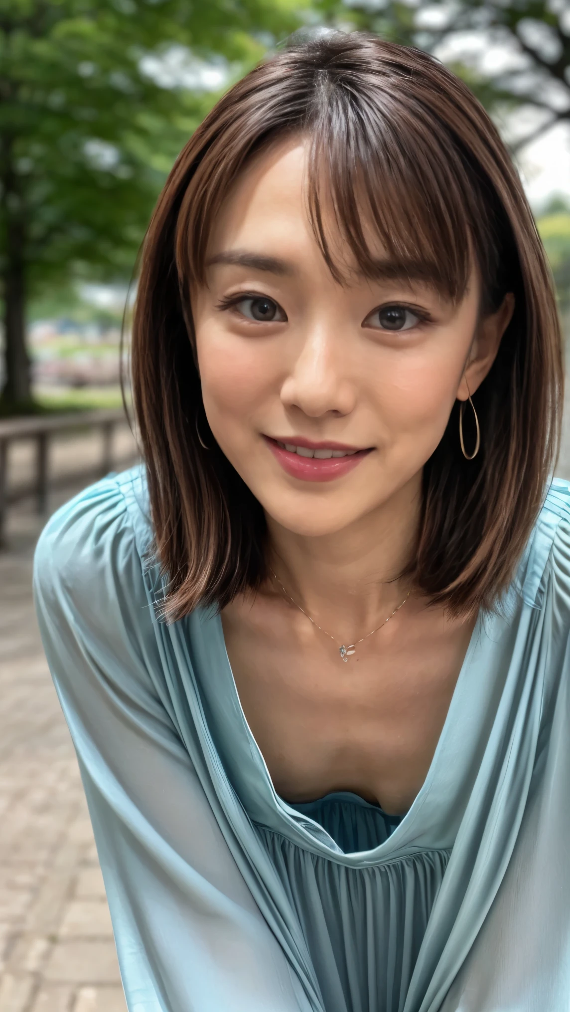 (realistic, photo-realistic:1.37), (Highest quality, masterpiece:1.2), RAW photo, Hi-Res, complicated details, very detailed, very detailedな, unbelievably detailed , fine, looking at the camera, Alone, 40 year old Japanese mature , (Focus on Your FACE, stand leaning forward, loose blouse , down blouse that shifts the chest, flat chest:1.5), slim, thin, slender, with dark hair, detailed face, detailed eyes, PALE SKIN, cheerful smile on the lakeside early in the morning , necklaces, bracelet, earrings, jewelry,,photo background, outdoor, alley,