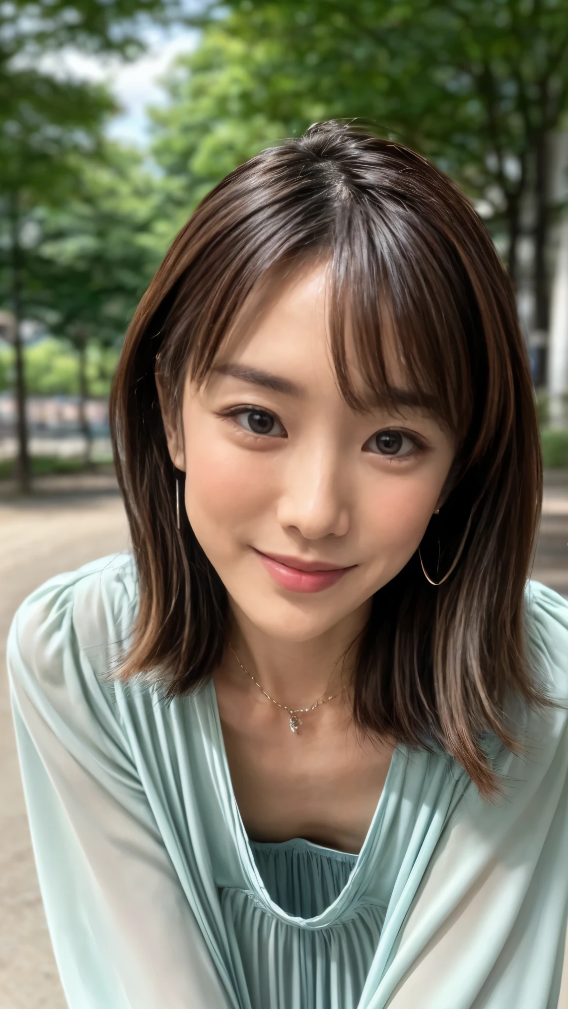 (realistic, photo-realistic:1.37), (Highest quality, masterpiece:1.2), RAW photo, Hi-Res, complicated details, very detailed, very detailedな,  unbelievably detailed ,  fine, looking at the camera, Alone,  40 year old Japanese mature , (Focus on Your FACE, stand leaning forward,  loose blouse ,  down blouse that shifts the chest, flat chest:1.5),  slim, thin, slender,  with dark hair, detailed face, detailed eyes, PALE SKIN,  cheerful smile on the lakeside early in the morning , necklaces, bracelet, earrings,   jewelry,,photo background, outdoor, alley, 
