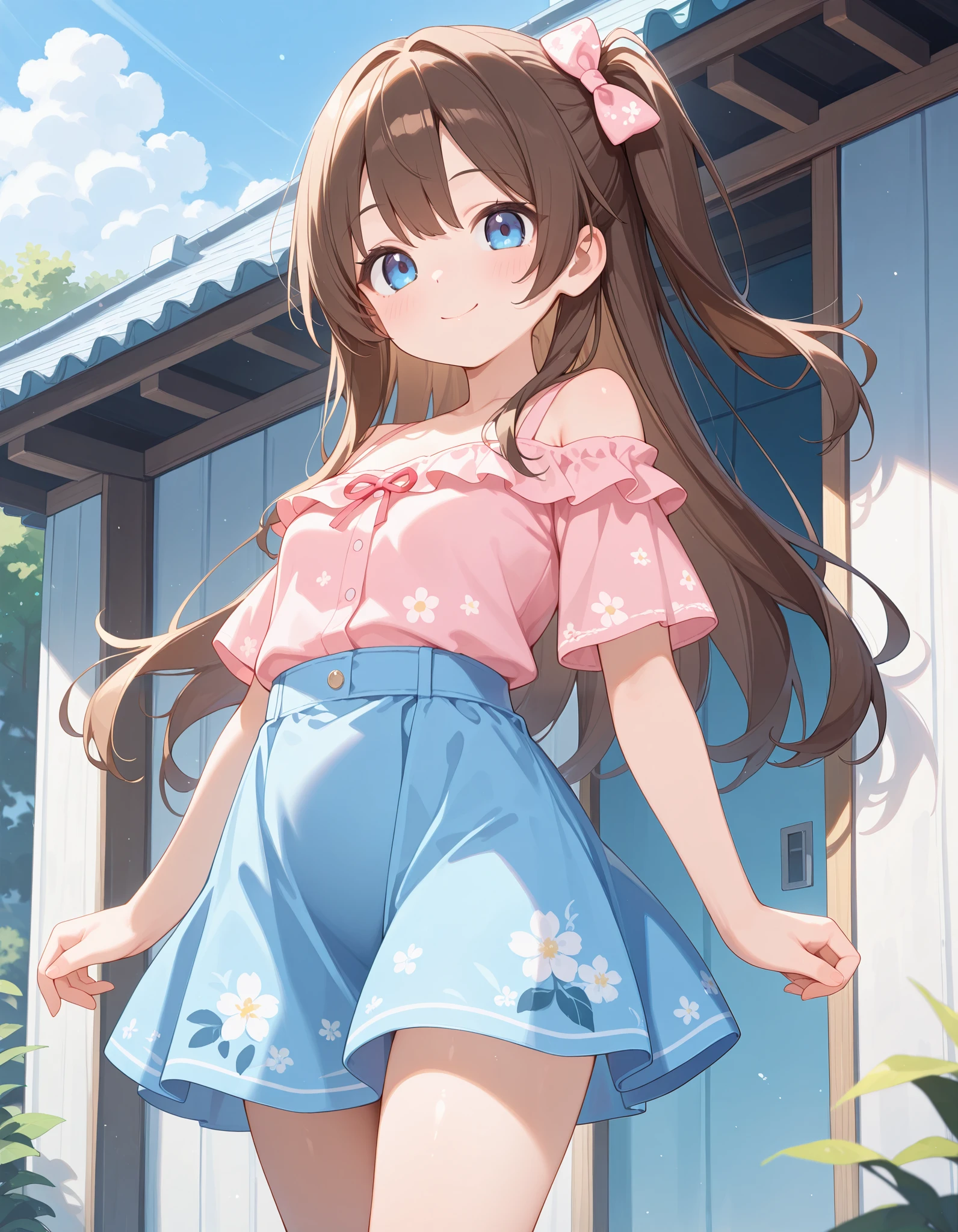 Anime girl in a pink top and blue skirt standing outside - SeaArt AI