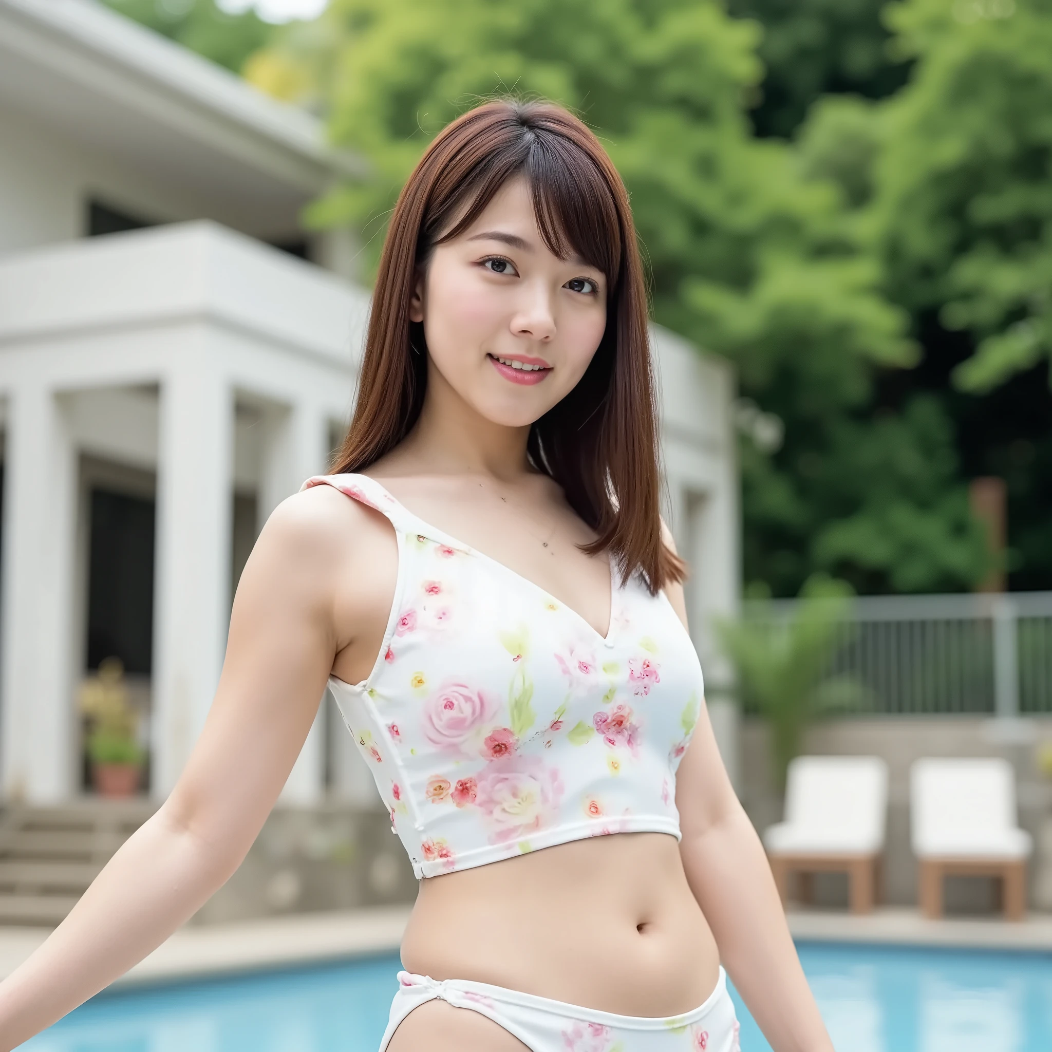  24-year-old Japanese woman 。 I can clearly see my face 、全身の  photos, リゾートホテルの  poolにいます, It's a mix of  、 Hotel building  、  pool、 I can see  、 Green tree々, I'm wearing a super micro bikini swimsuit, super image quality, 32K,   accurate and accurate anatomy、 front view, Greatest Masterpiece, very detailed ,    photos, ((Super clear focus from honesty)), official art,    text frame depth ,    bright light,  detailed face, ((smile:1.0)),   beautiful eye details  ,   real textured skin ,  Fcup Breasts , bright fluorescent shiny bikini, 