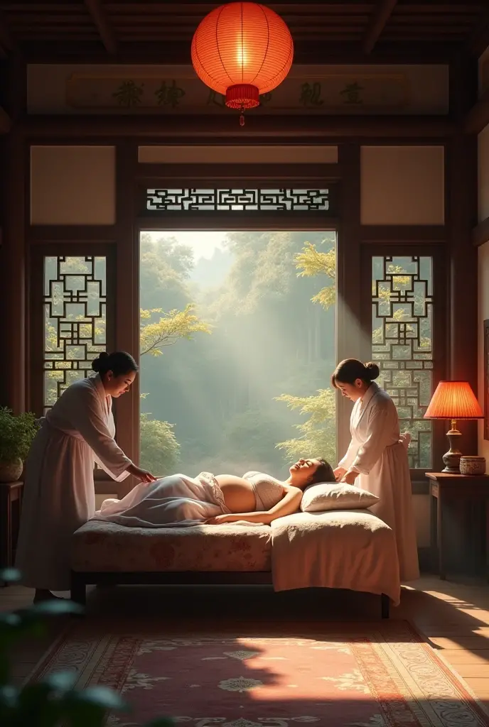 Sense of lens,Ancient,(Chinese ancient style)House,Main house master bedroom,Pregnant woman lying on bed,Surrounded by several busy midwives,Detailed description of interior decoration,Movie quality,Movie storyboard,8k,Ultra-clear,Hyperrealism