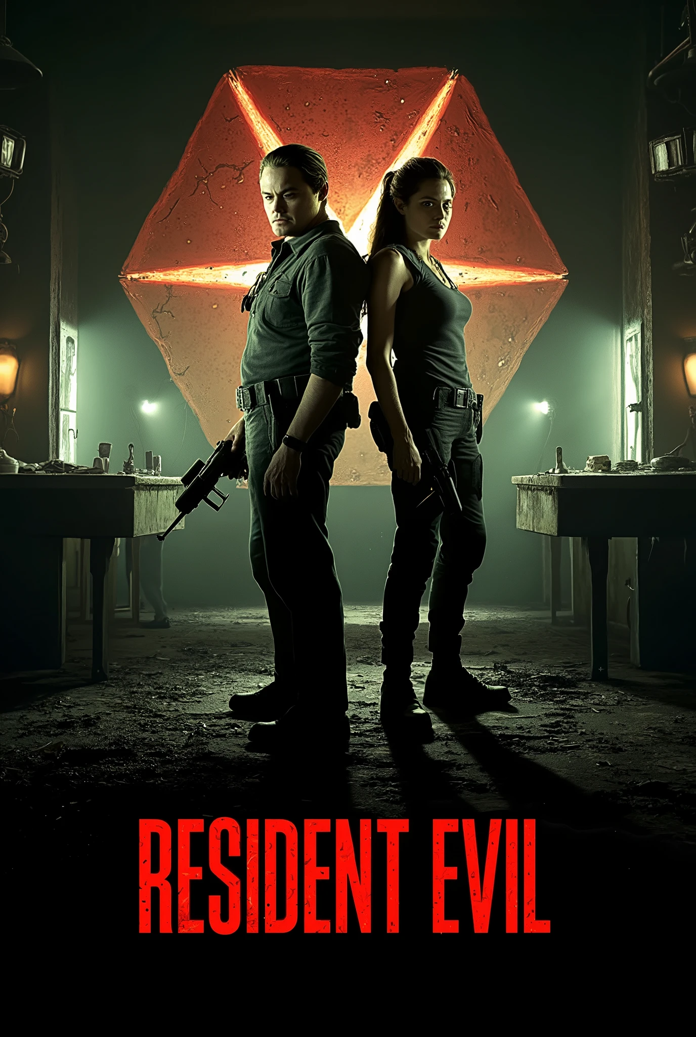 Create a dark, atmospheric poster featuring Leonardo DiCaprio as a haunted scientist and Angelina Jolie as a relentless Umbrella Corporation operative. The two stand in a dimly lit, decaying laboratory, surrounded by shattered glass, flickering lights, and faint silhouettes of zombies and bioweapons. The iconic Umbrella Corporation logo looms in the background, glowing ominously. The title "Resident Evil" is displayed in bold, blood-red font with a cracked, sinister texture. Color palette: deep reds, blacks, and sickly greens. Mood: chilling, suspenseful, and apocalyptic.