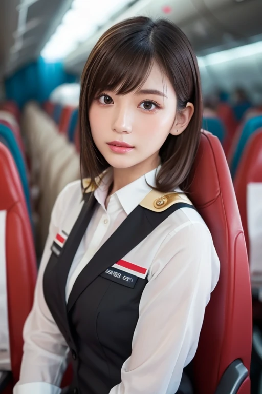 (cabin attendant))、１a person、stewardess、Extraordinary Beauty、full bodyesbian、Planes、(((a exy Costumes))、((Revealing uniforms))、Short-cut hairstyles 、Women in Japan、Photorealsitic、Beautiful detailed eyes、Hyper-Realism、highcontrast、Ultra HD、realistic skin textures、Top image quality、top-quality、超A high resolution、Fine details、Very meticulously