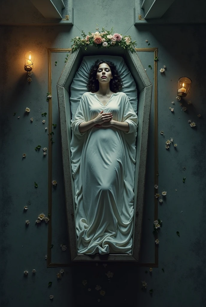 arafed woman in a bikini laying in a coffin with flowers, artstyle tom bagshaw, by tom bagshaw and boris vallejo, carmilla vampire, adi granov, tom bagshaw artstyle, tom bagshaw weta studio, in style of anne stokes, by Anne Stokes,  earley, gerard brom, art tom bagshaw