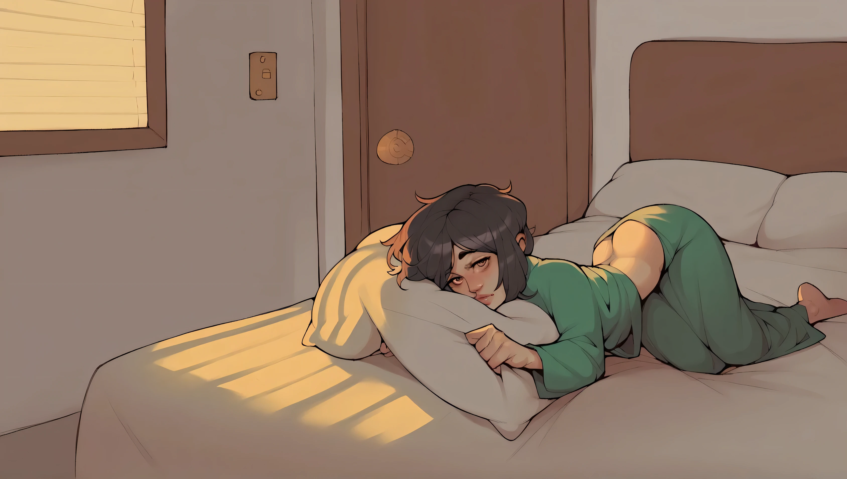 Shadman artstyle, Curvy blue eyed girl with long wavy black hair and small breasts, nudity:1.5, (extreme nsfw):2.5, lewd, (pooping):3.0, crying:2.0, night, in bed